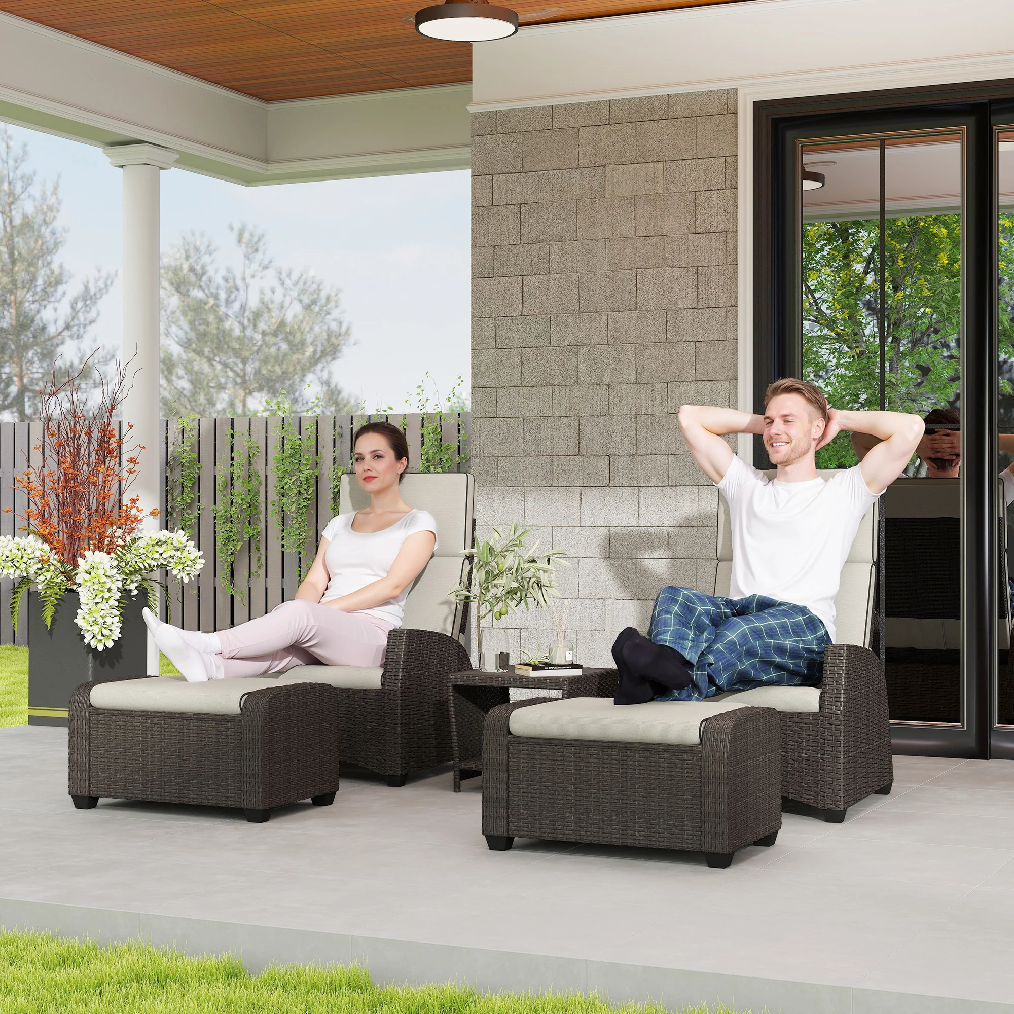 Outsunny 5 PCs Rattan Garden Furniture Set with Reclining Chairs, Brown - Image 2