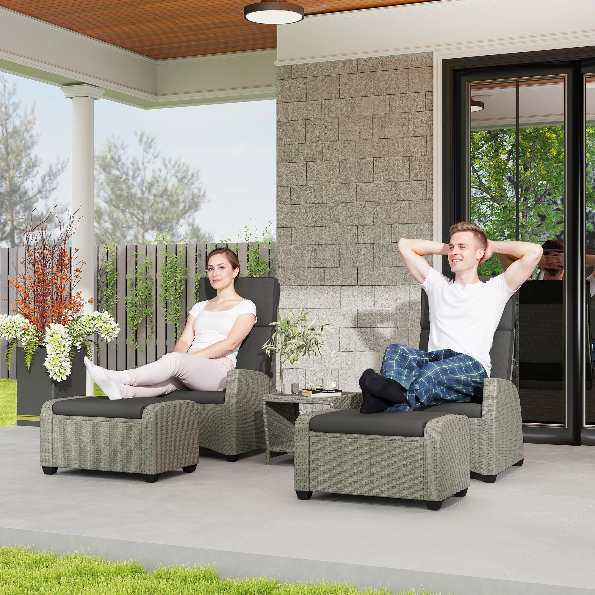 Outsunny 5 PCs Rattan Garden Furniture Set with Reclining Chairs, Grey - Image 2