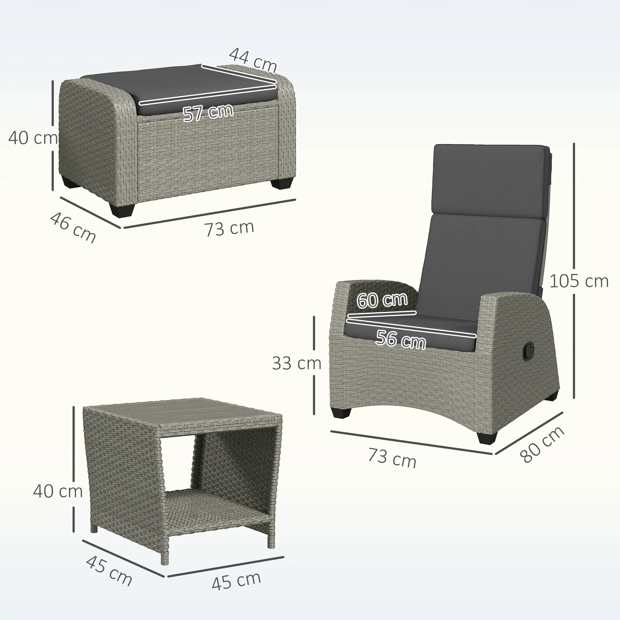 Outsunny 5 PCs Rattan Garden Furniture Set with Reclining Chairs, Grey - Image 5