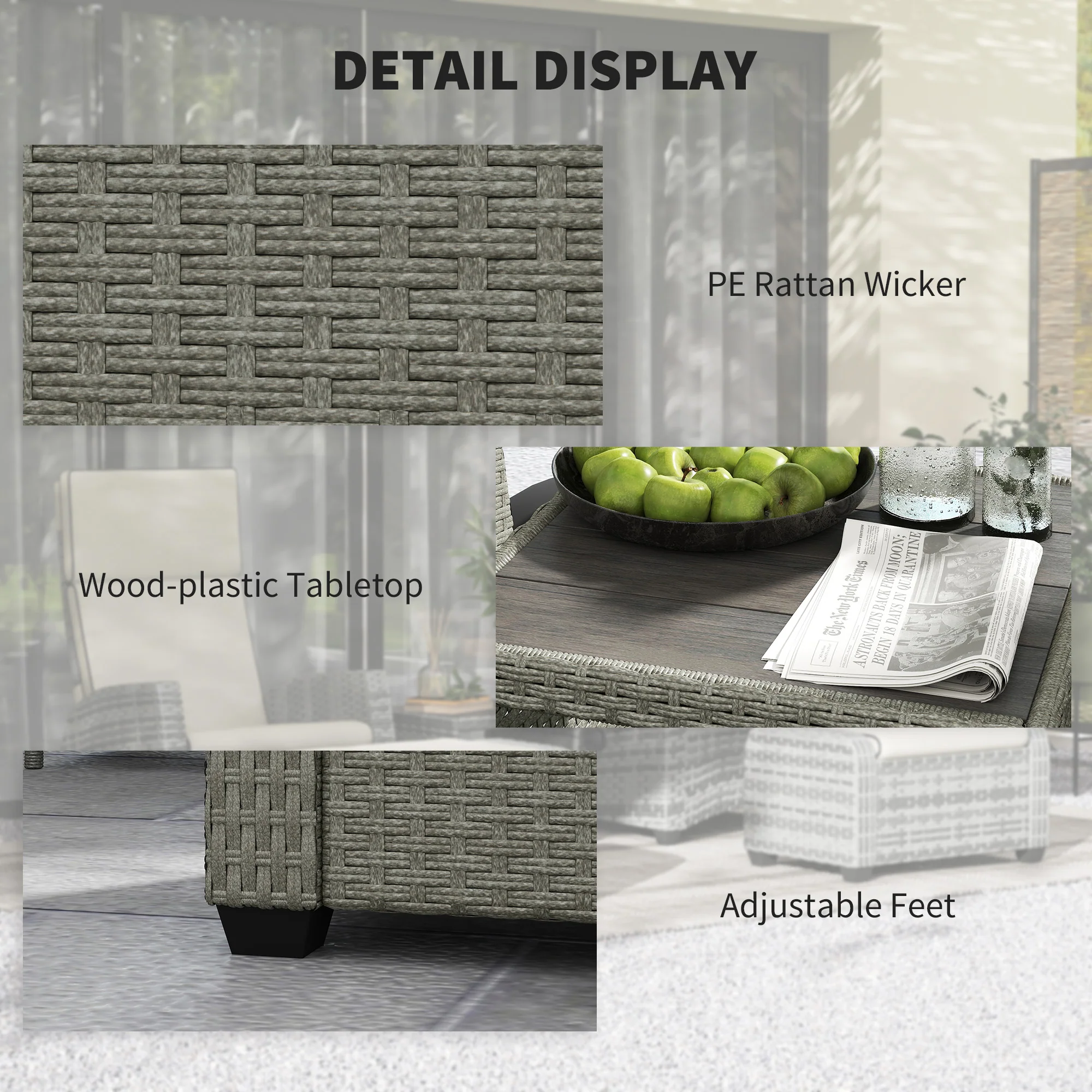 Outsunny 5 PCs Rattan Garden Furniture Set with Reclining Chairs, Grey - Image 7