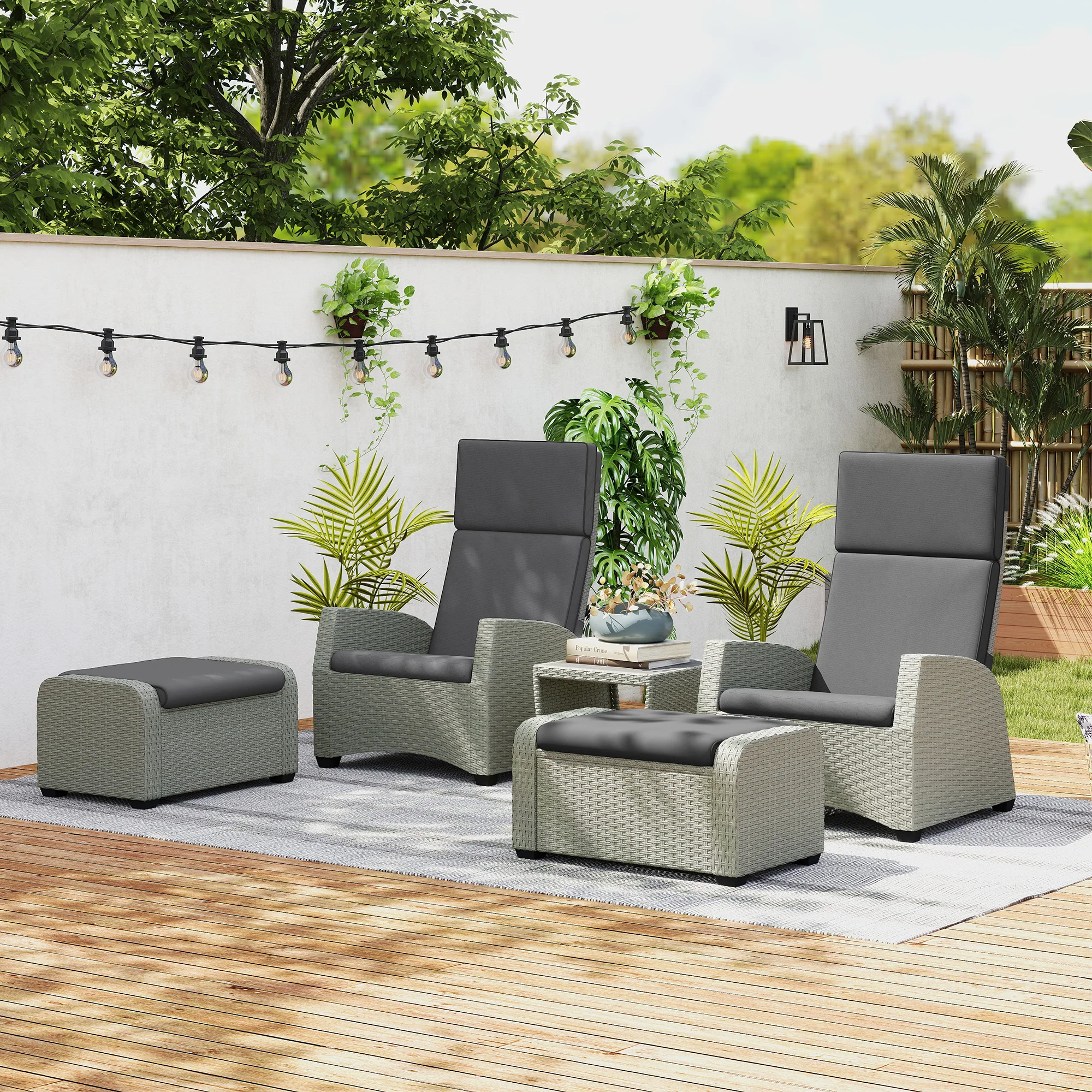 Outsunny 5 PCs Rattan Garden Furniture Set with Reclining Chairs, Grey - Image 9