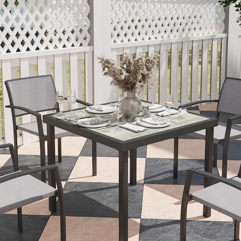 Outsunny 5 Piece Garden Furniture Set with 4 Stackable Armchairs, Grey - Image 9
