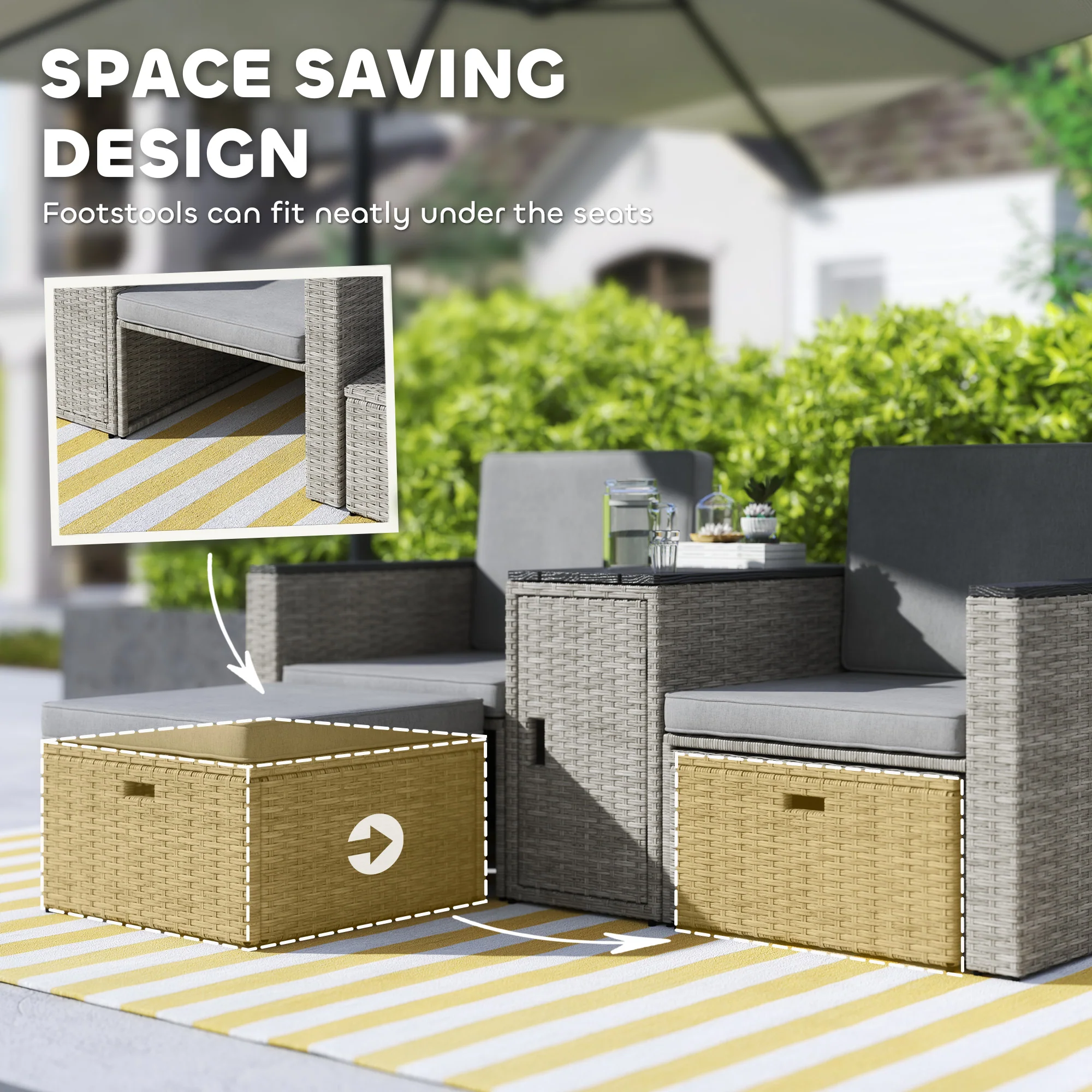 Outsunny 5 Piece Rattan Garden Furniture Set w/ Storage Table, Stools, Grey - Image 3