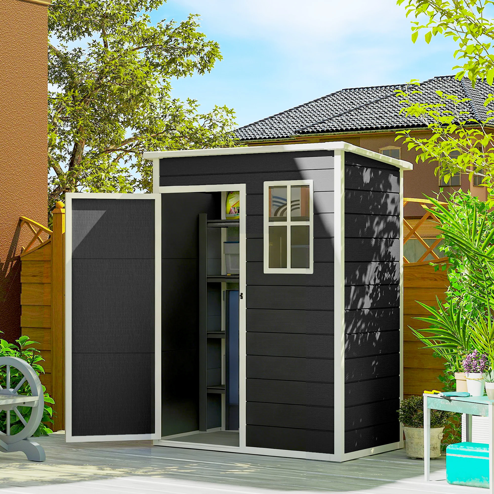 Outsunny 5' X 3' Garden Shed W/ Floor, Lockable Door, Window And Vent Black - Image 2