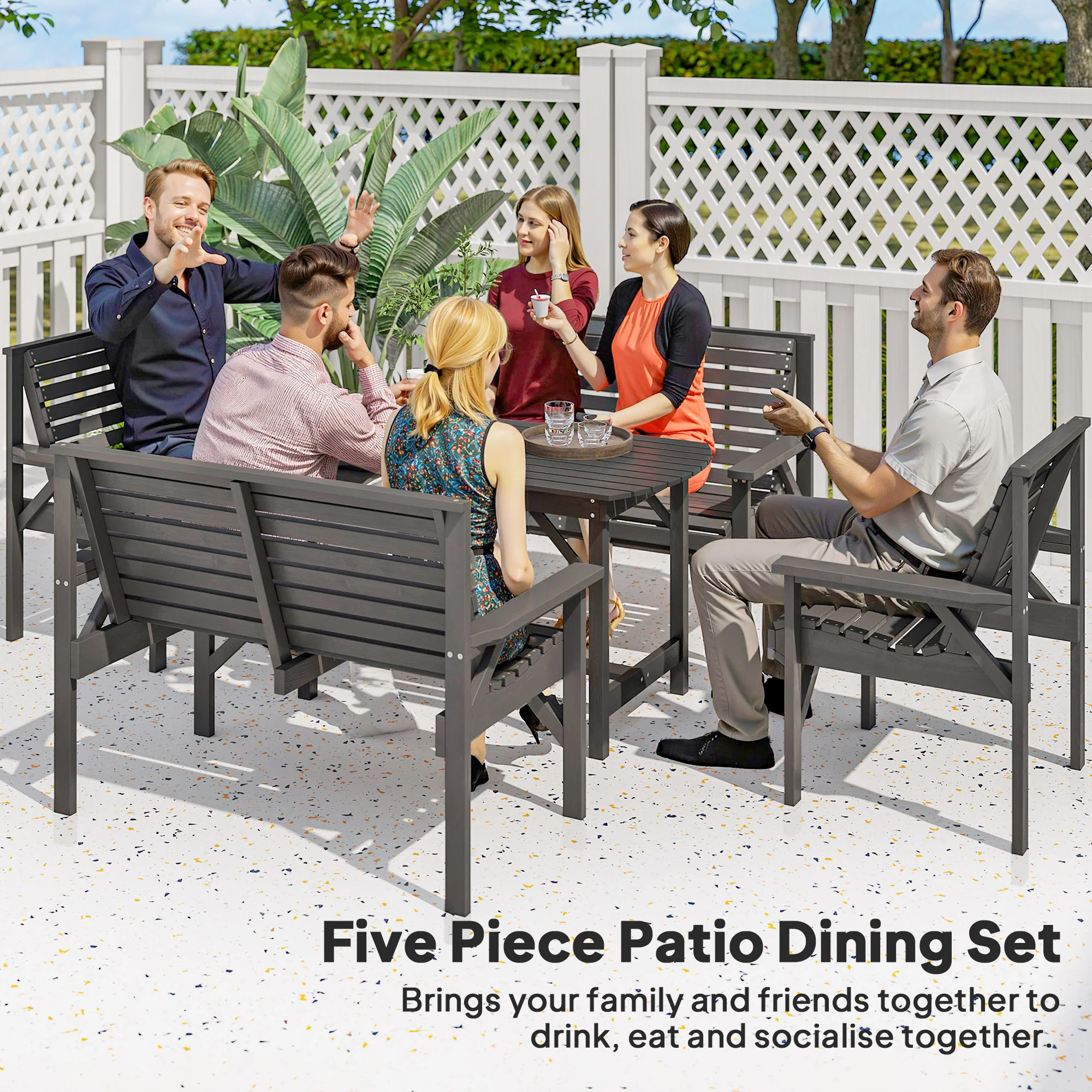 Outsunny 5PC Patio Dining Set Wooden Table and Chairs w/ Umbrella Hole Grey - Image 3