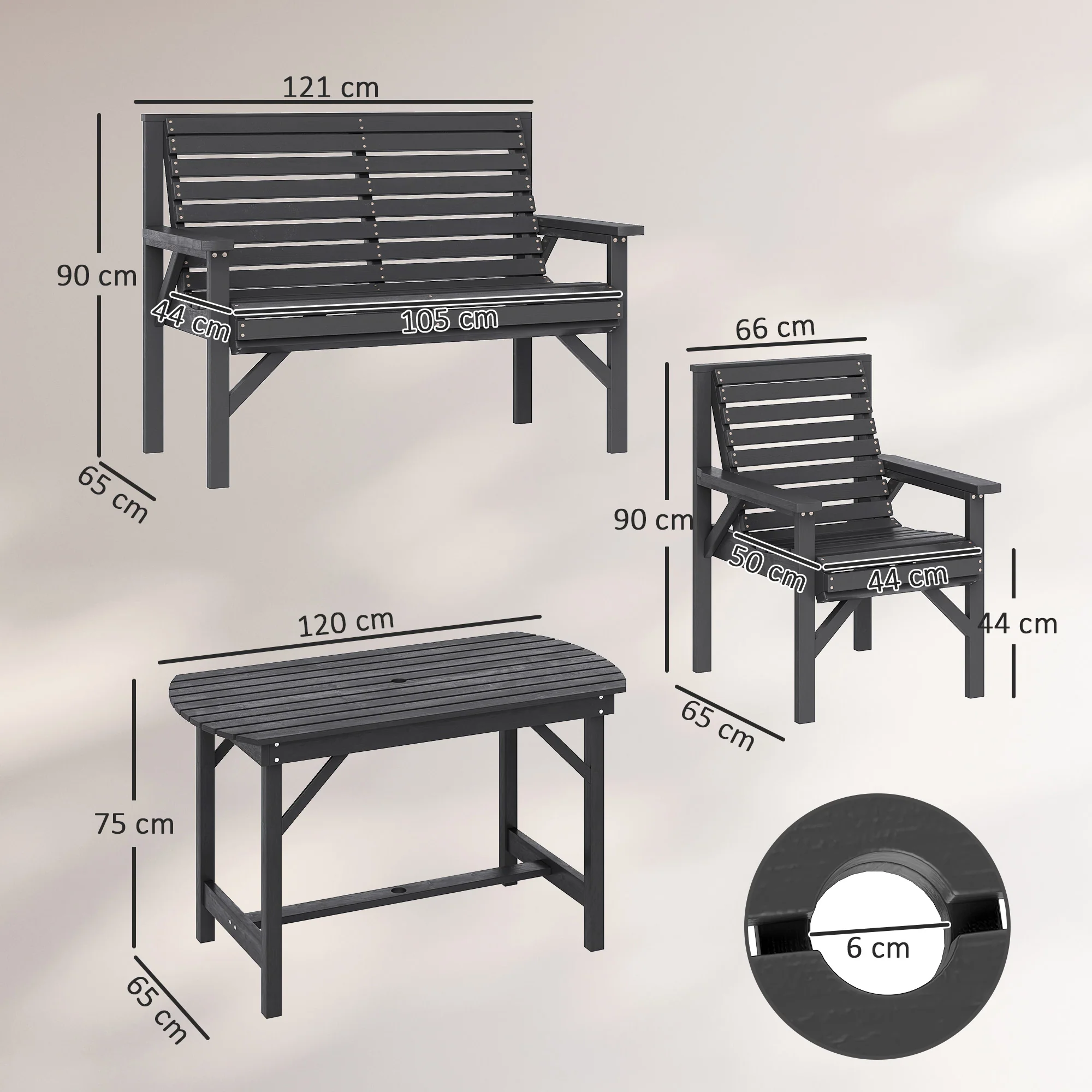 Outsunny 5PC Patio Dining Set Wooden Table and Chairs w/ Umbrella Hole Grey - Image 5