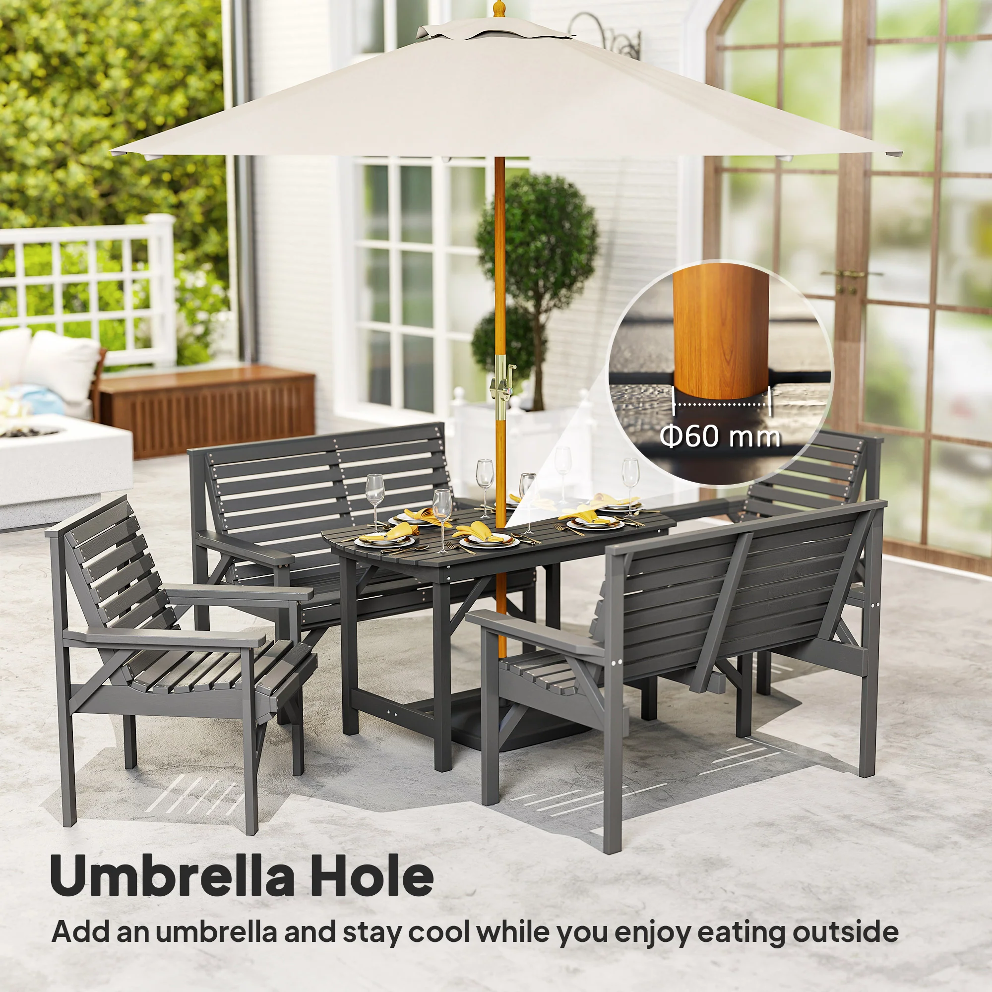 Outsunny 5PC Patio Dining Set Wooden Table and Chairs w/ Umbrella Hole Grey - Image 6