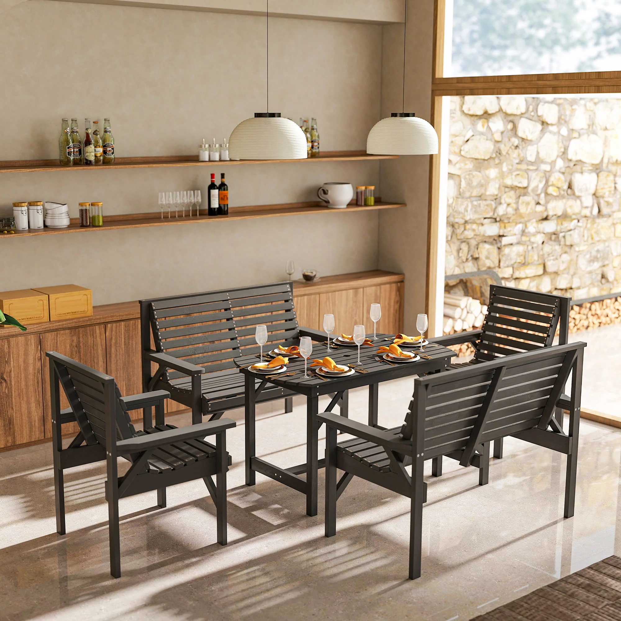 Outsunny 5PC Patio Dining Set Wooden Table and Chairs w/ Umbrella Hole Grey - Image 7