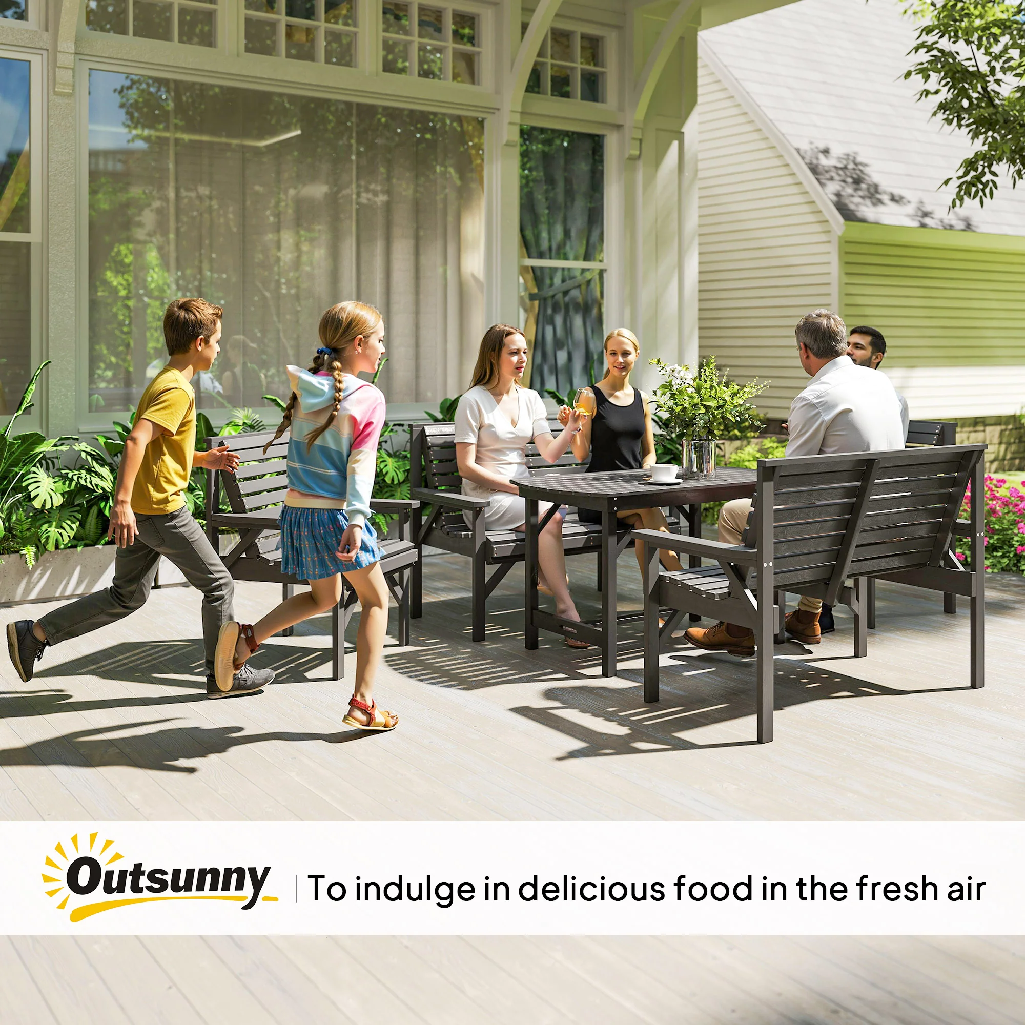 Outsunny 5PC Patio Dining Set Wooden Table and Chairs w/ Umbrella Hole Grey - Image 9