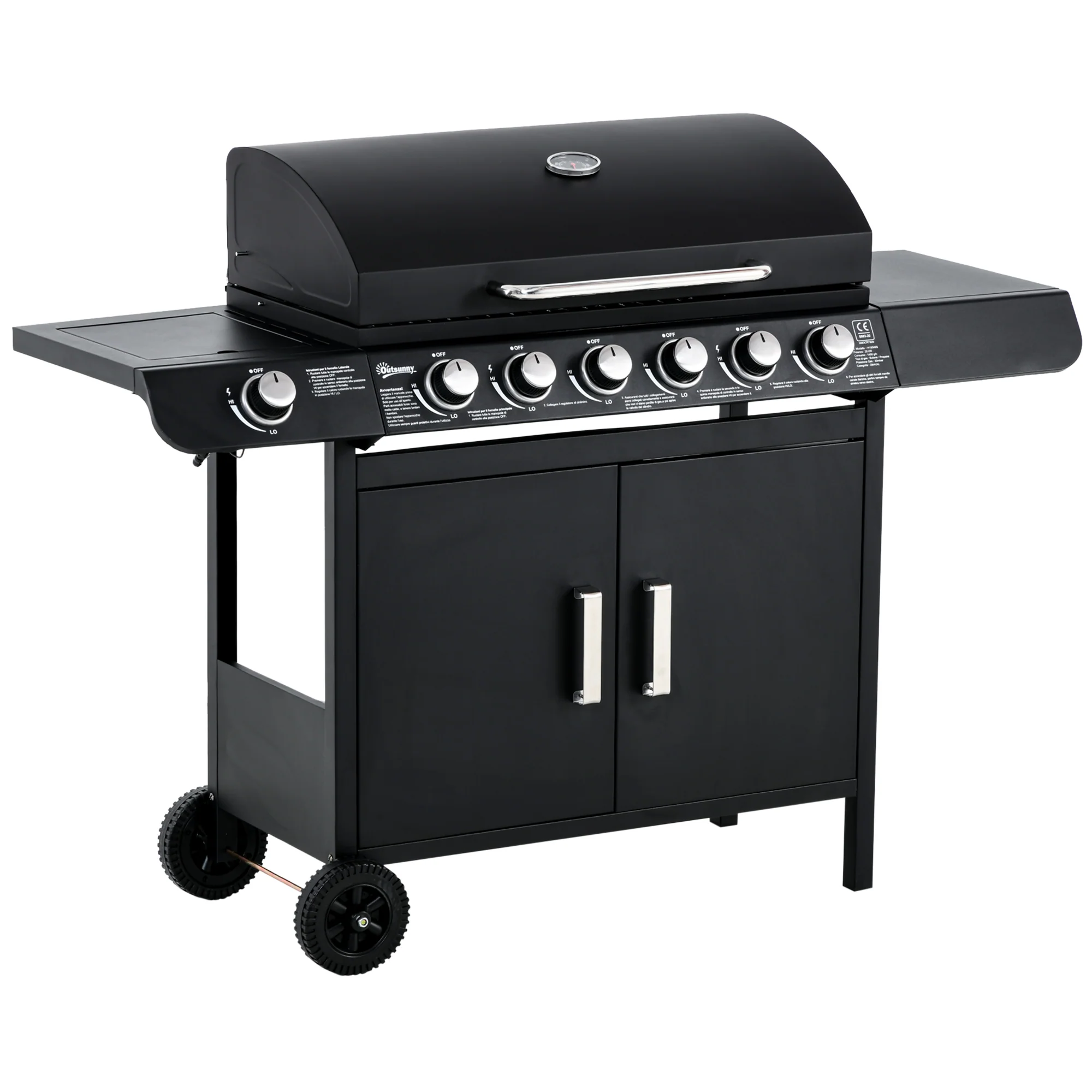 Outsunny 6+1 Burner Gas BBQ Grill Garden Barbecue With Wheels, Cabinet