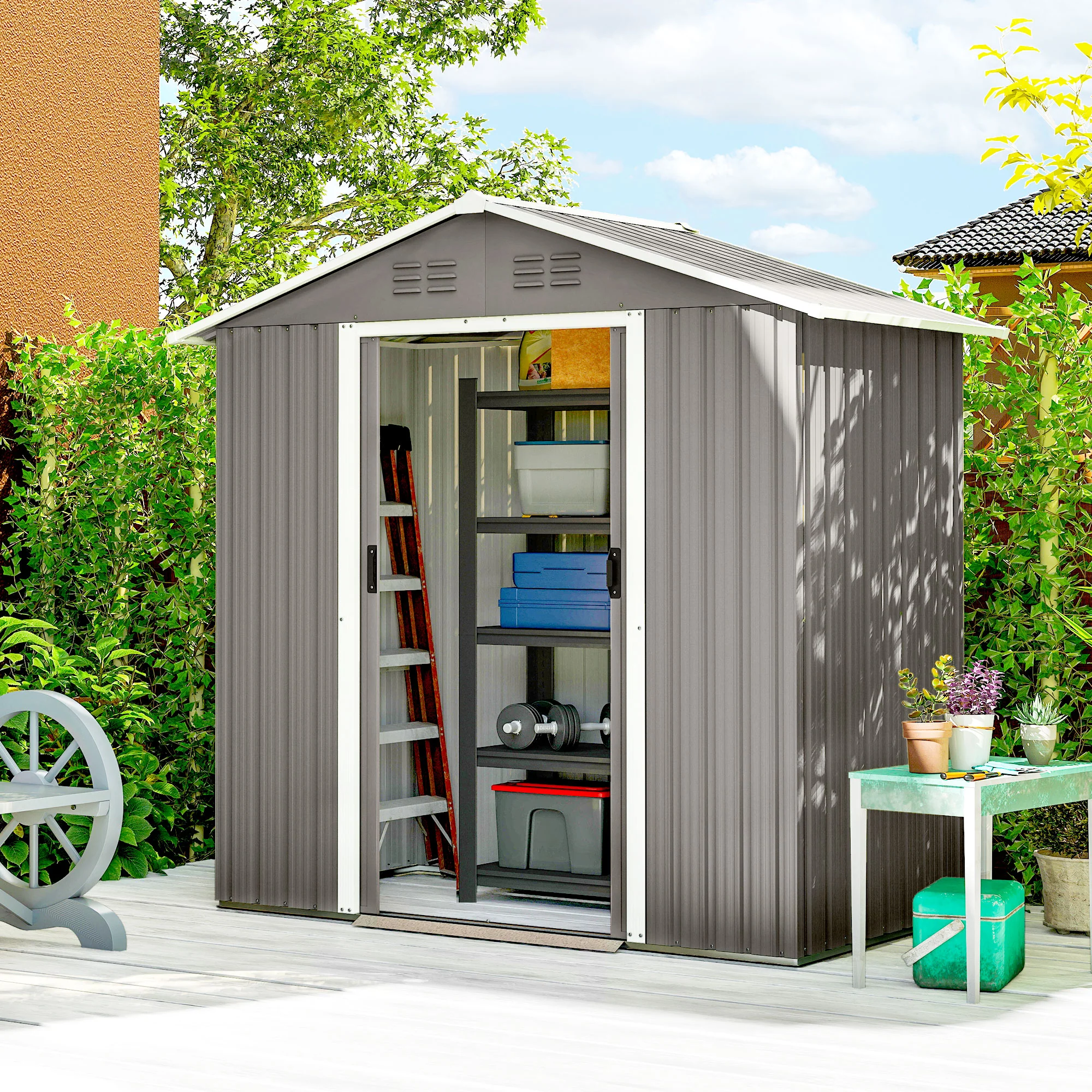 Outsunny 6.5x3.5ft Metal Garden Shed for Garden, Light Grey - Image 2