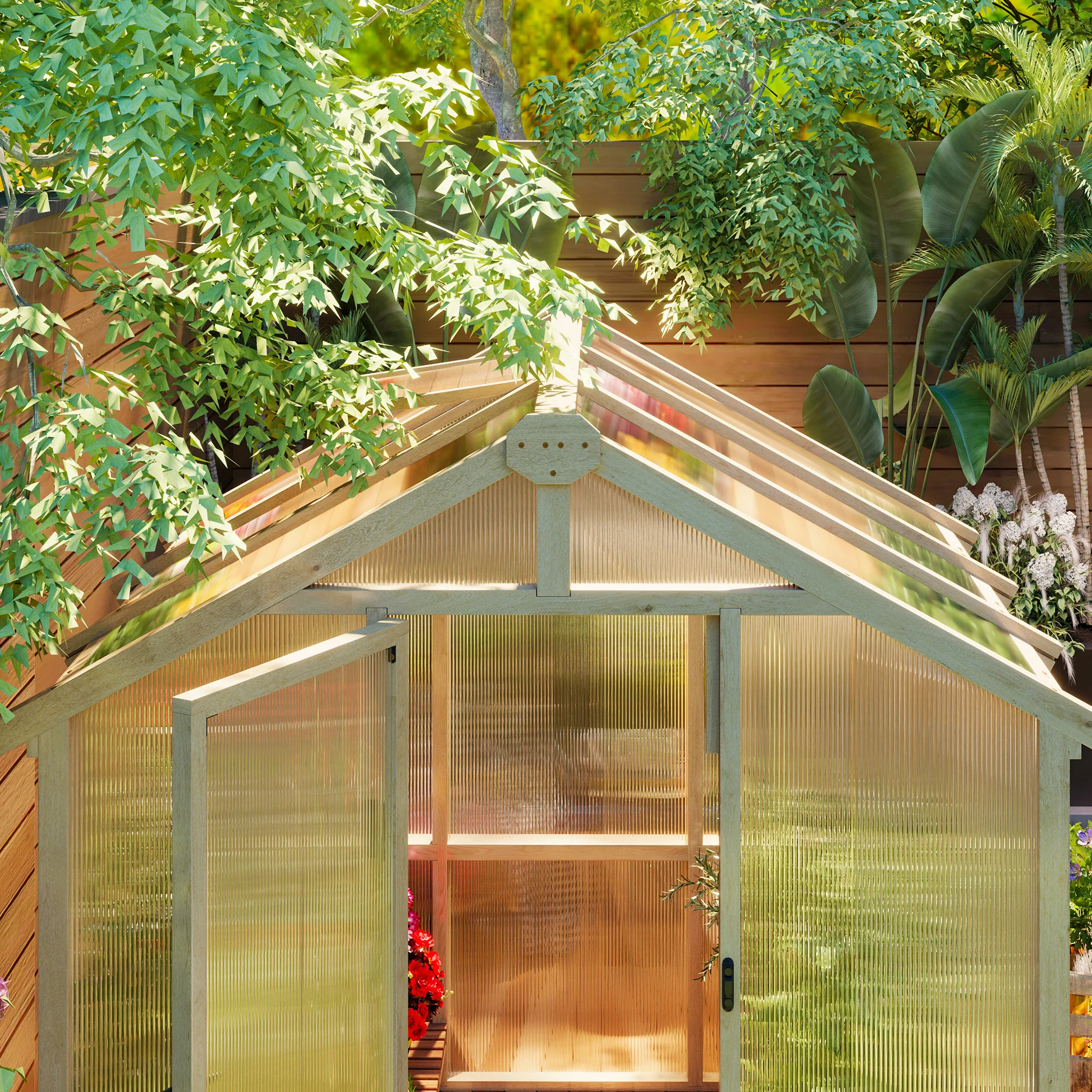 Outsunny 6.6 x 6ft Wooden Polycarbonate Greenhouse with Lockable Door, Brown - Image 9