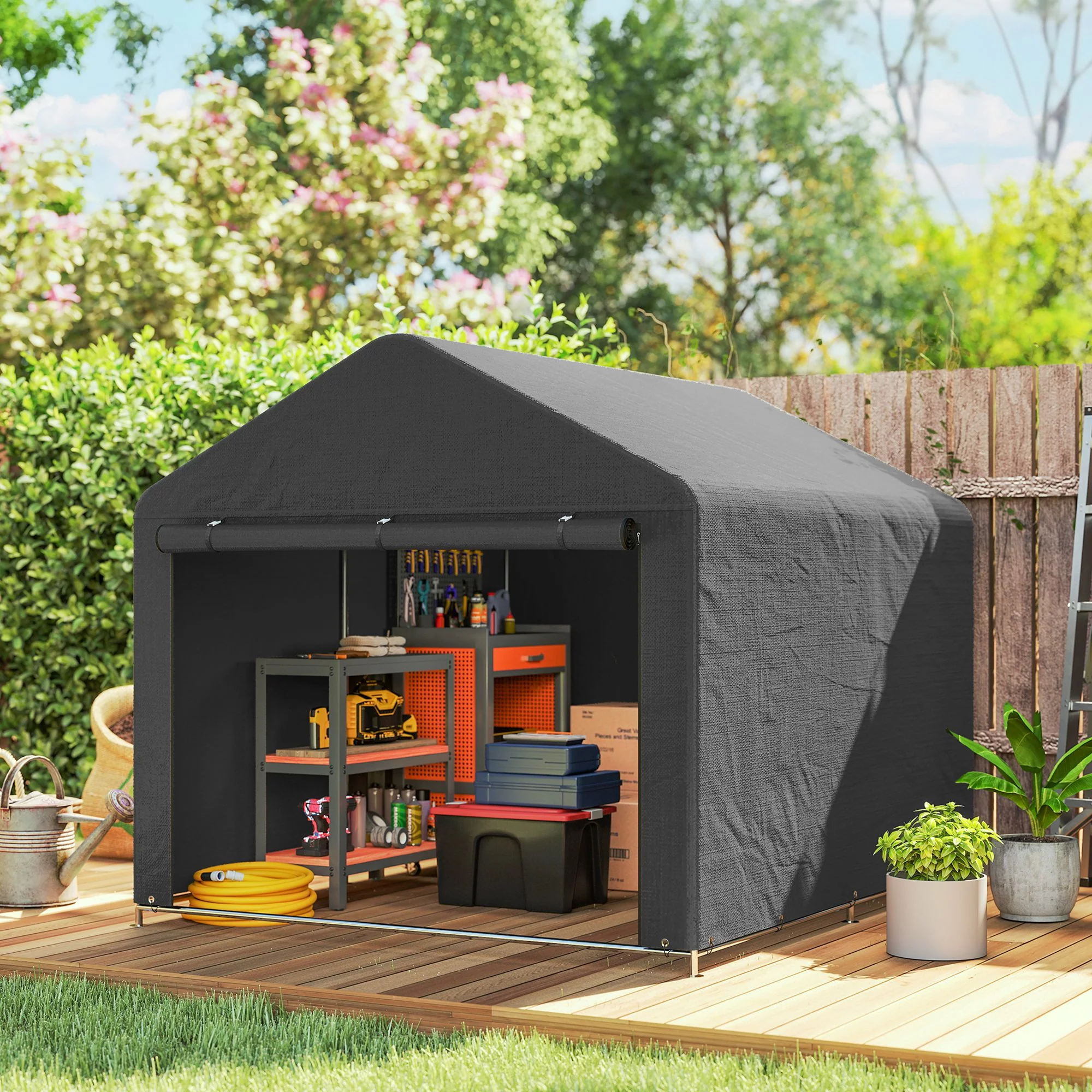 Outsunny 6.6 x 7.8ft Garden Storage Shed Tent Bike Tent, Dark Grey - Image 2