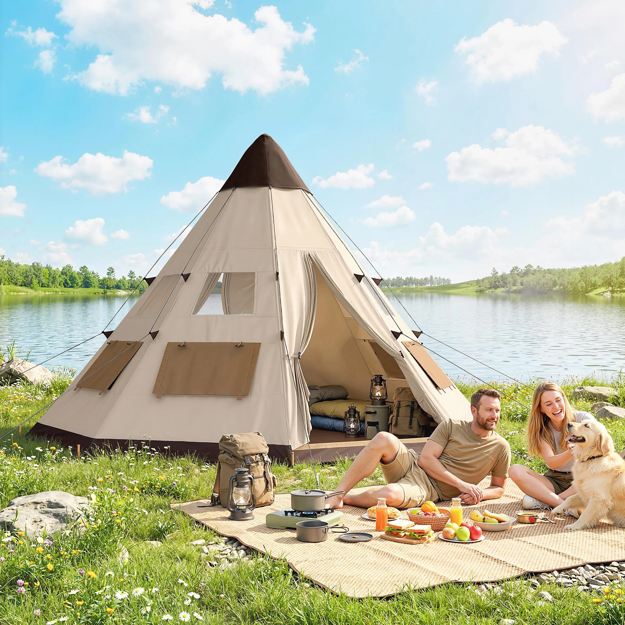 Outsunny 6-7 Person Large Family Party Camping Tent W/ Carrying Bag, Khaki - Image 2