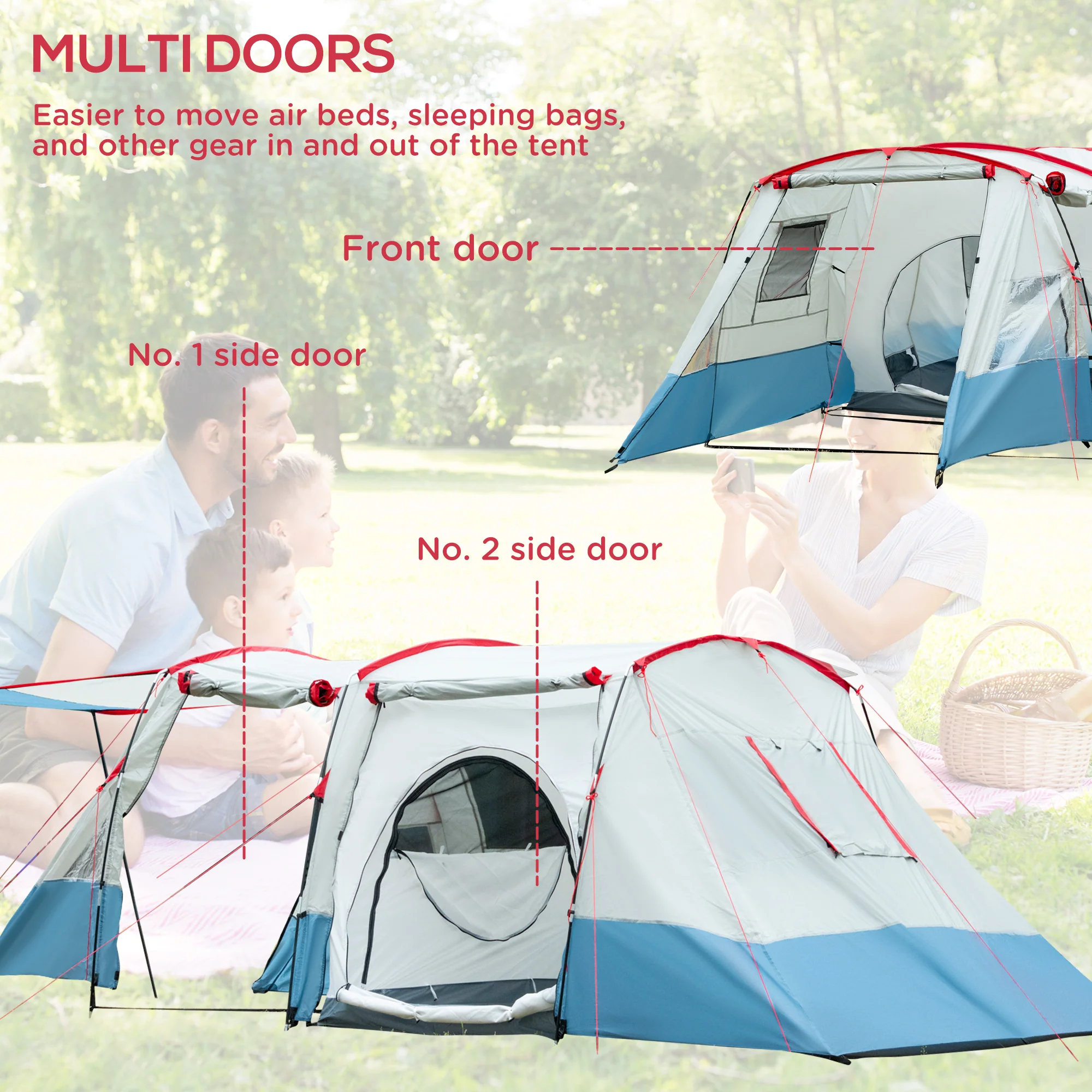 Outsunny 6-8 Person Tunnel Tent, Two-room Camping Tent with Carry Bag, Blue - Image 3