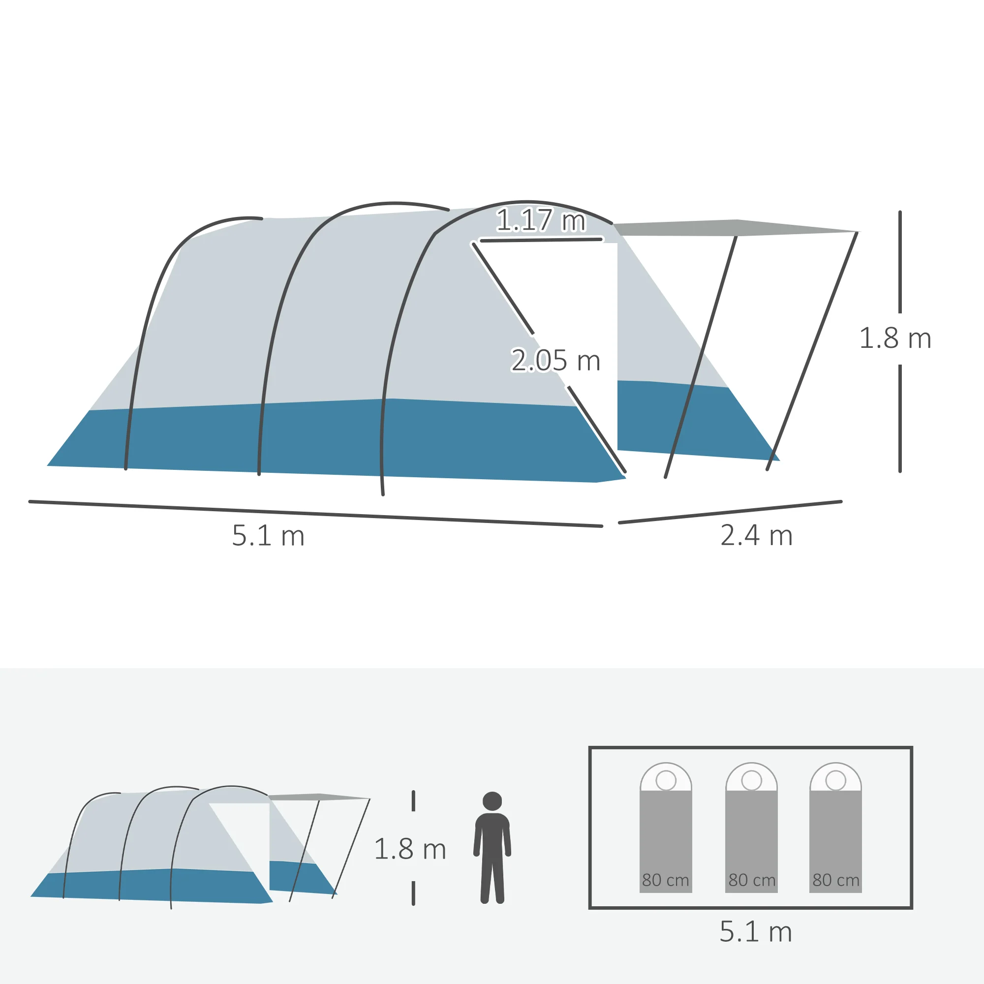 Outsunny 6-8 Person Tunnel Tent, Two-room Camping Tent with Carry Bag, Blue - Image 4