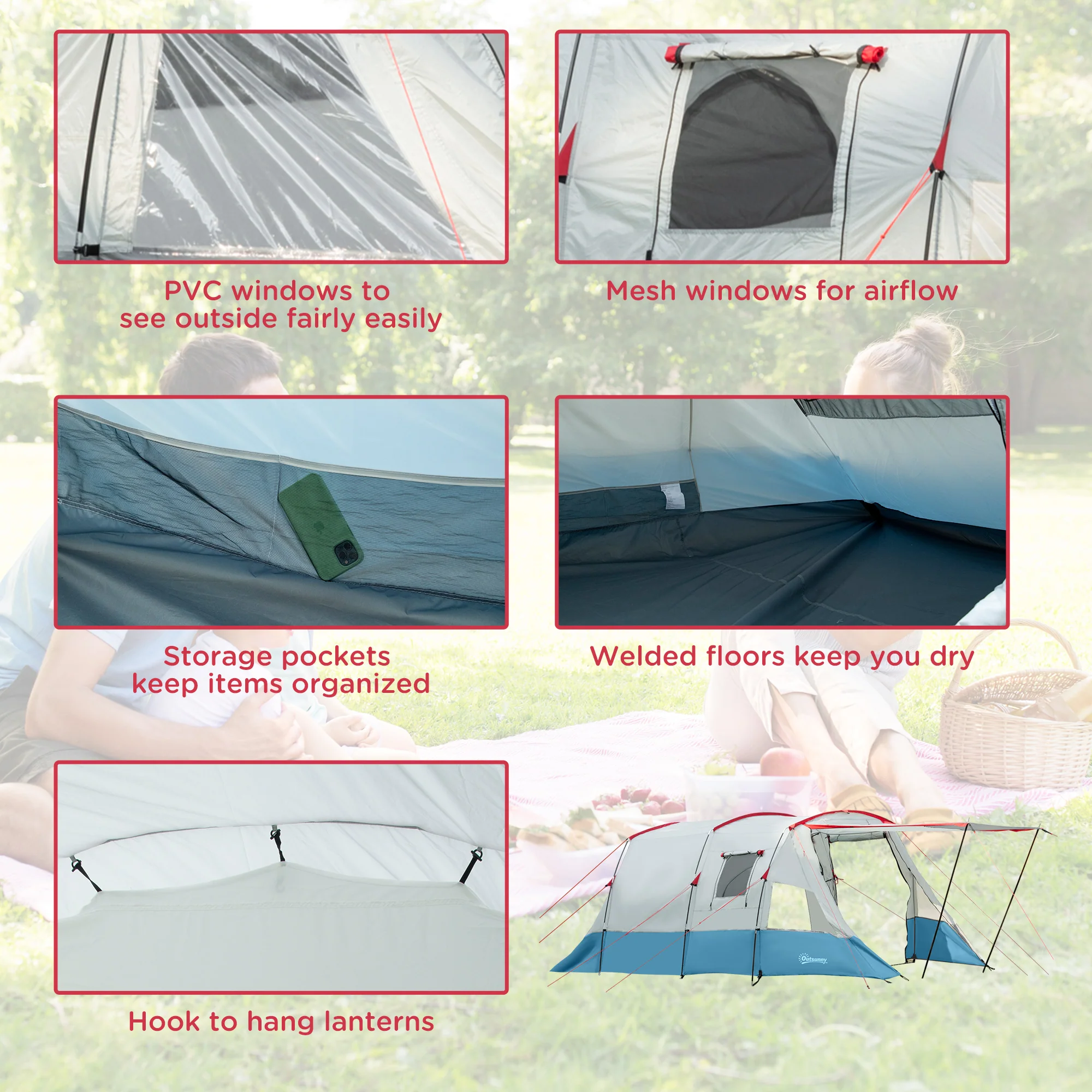 Outsunny 6-8 Person Tunnel Tent, Two-room Camping Tent with Carry Bag, Blue - Image 5