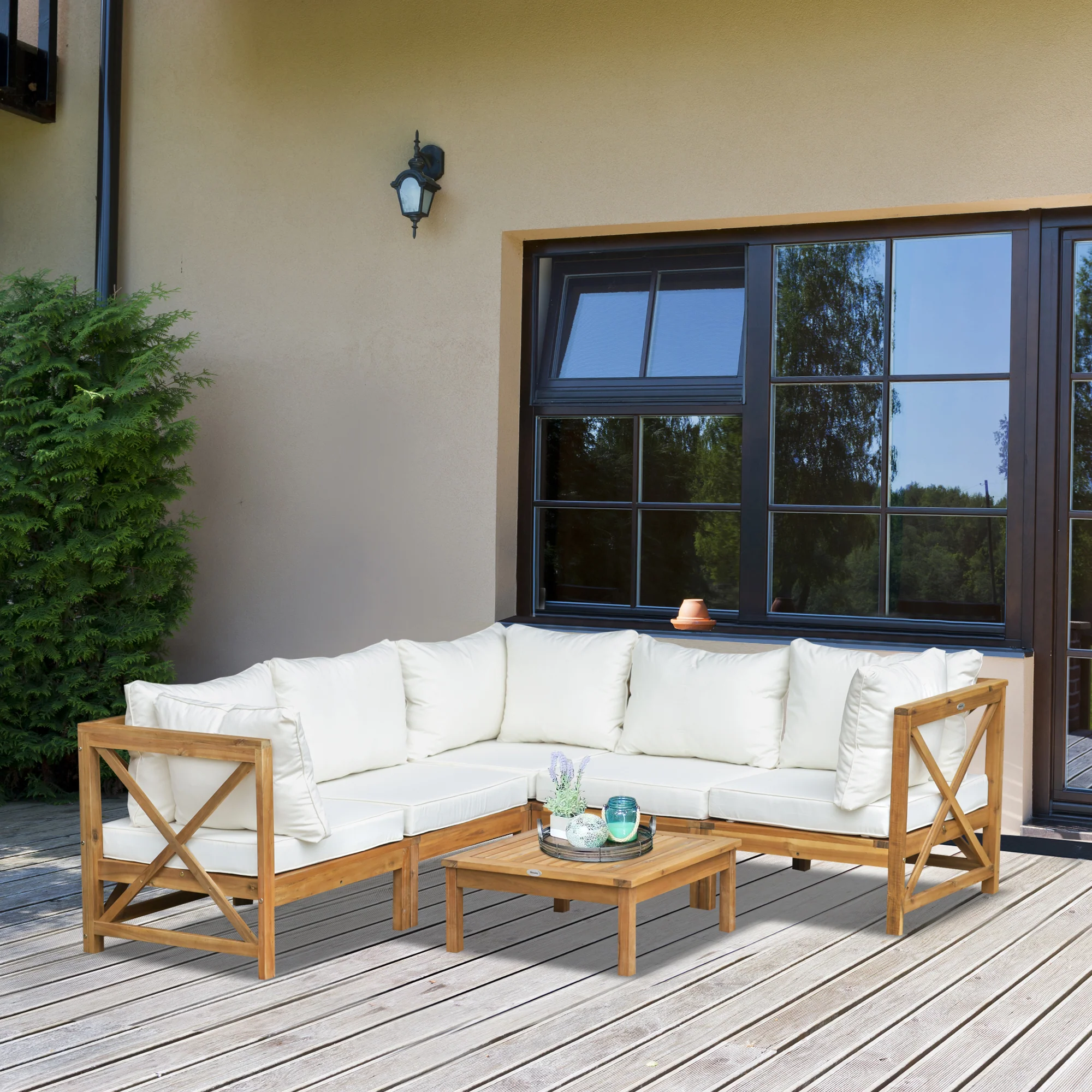Outsunny 6 PCS Elegant Wood Frame Outdoor Patio Dining Set Cushions Coffee Table - Image 2