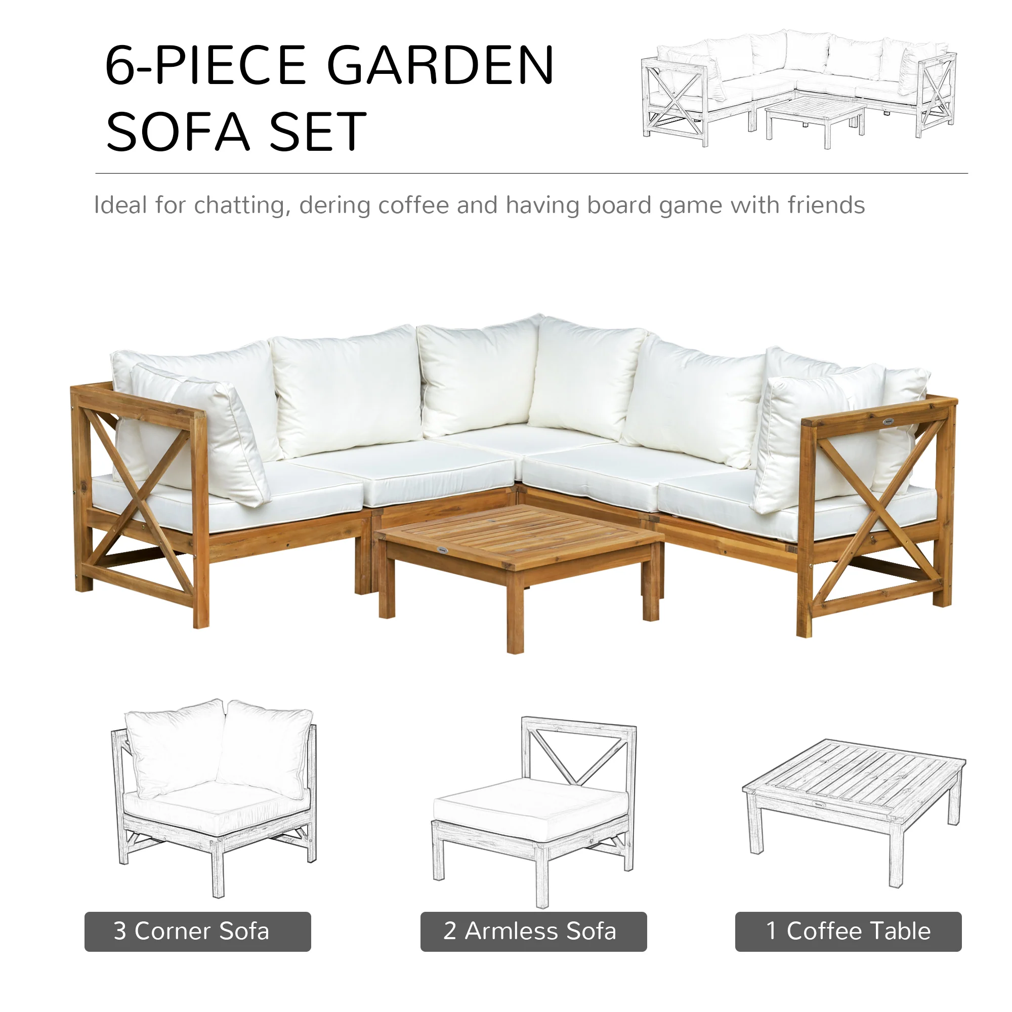 Outsunny 6 PCS Elegant Wood Frame Outdoor Patio Dining Set Cushions Coffee Table - Image 3