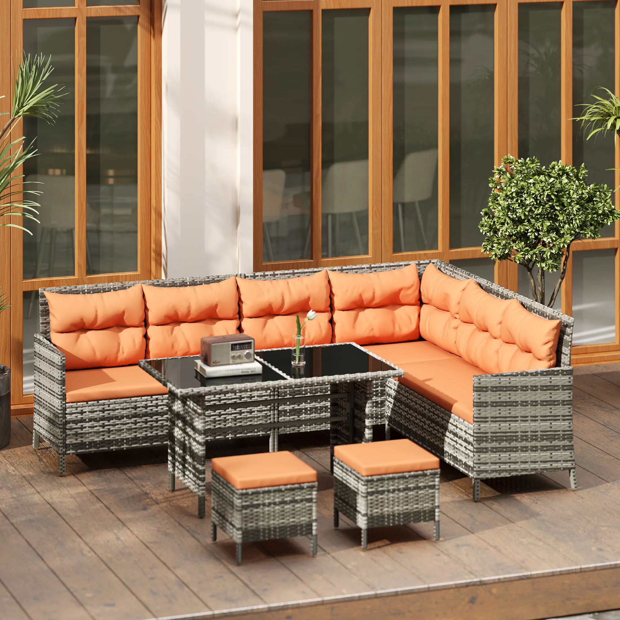Outsunny 6 PCs Patio Wicker Sofa Set Rattan Chair Furniture, Orange - Image 2