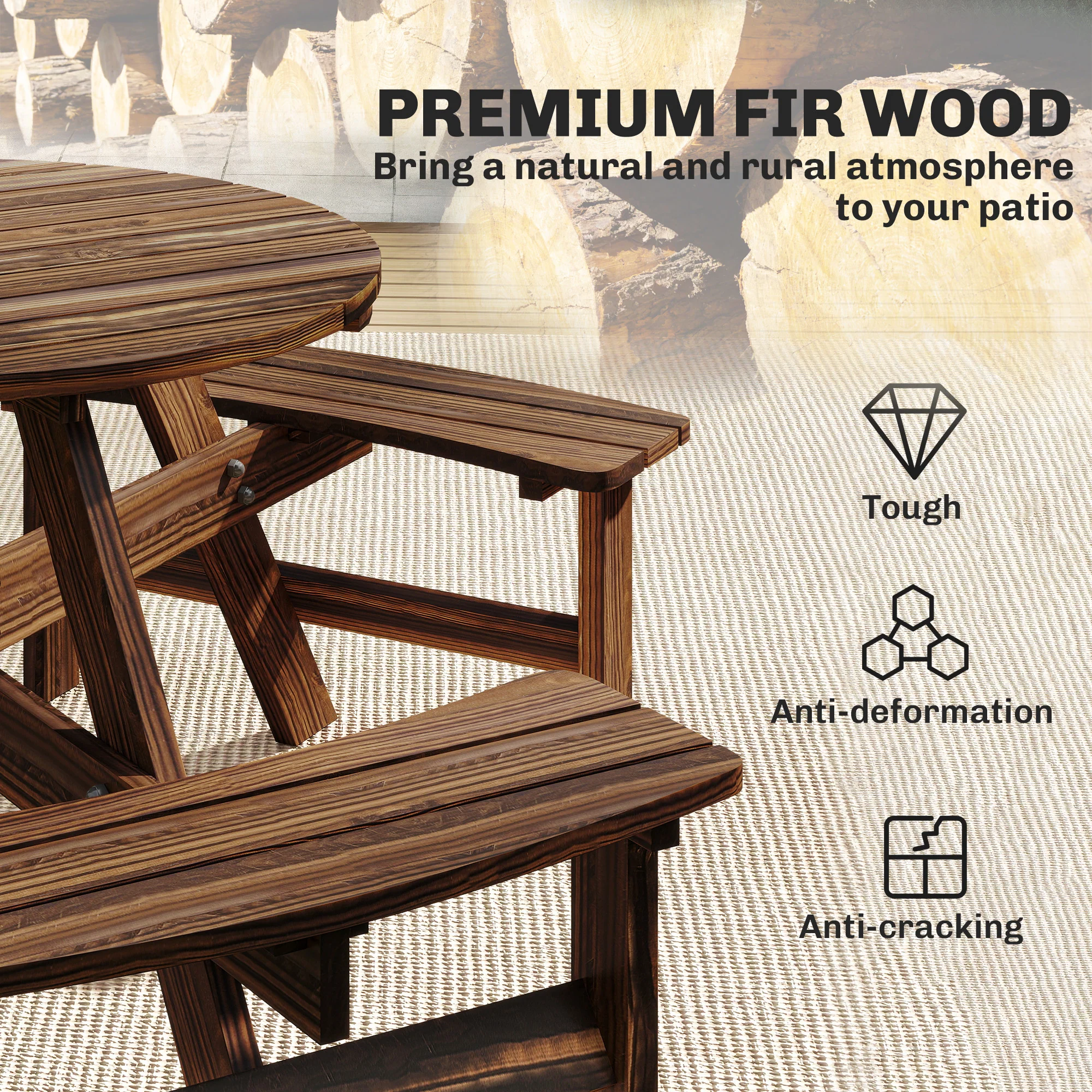 Outsunny 6 Person Fir Wood Table Bench Set Outdoor Garden Patio, Carbonized - Image 4