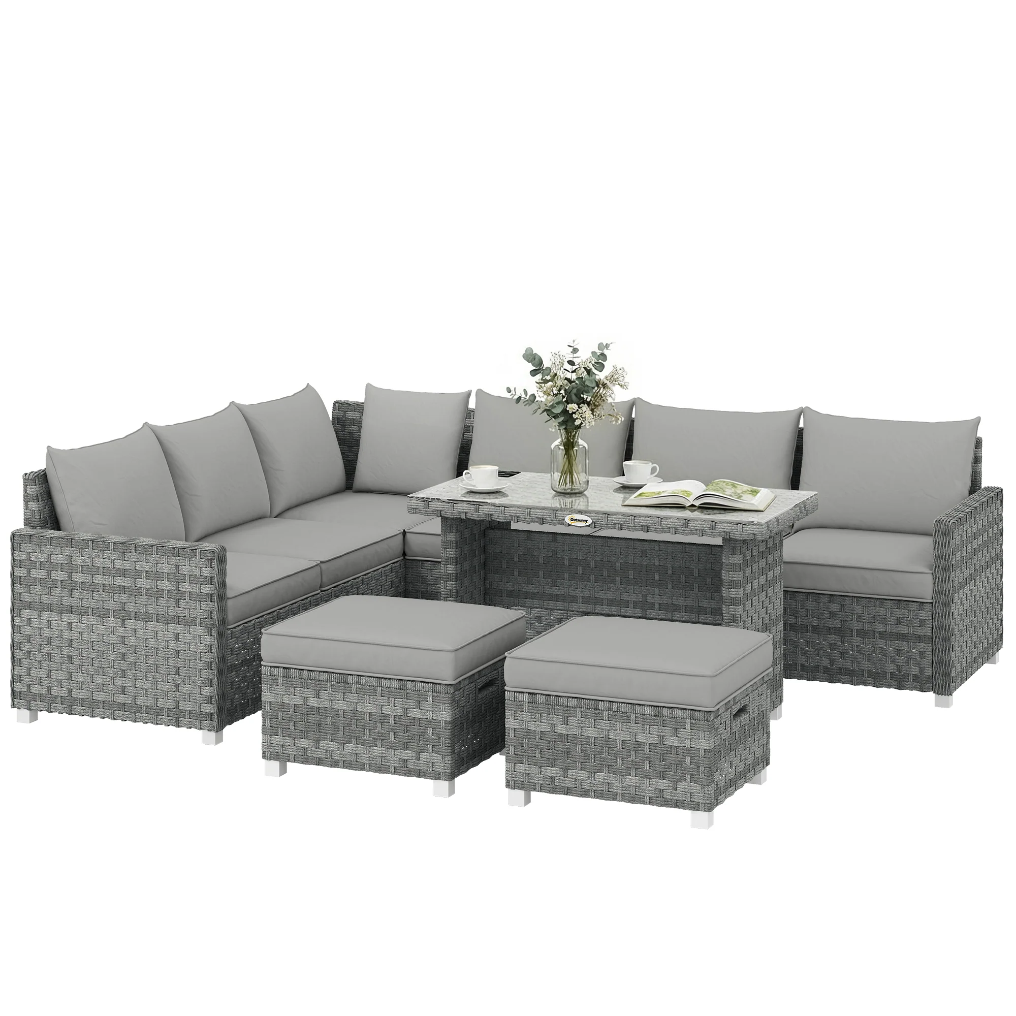 Outsunny 6 Piece Rattan Garden Furniture Set With Cushions, Grey