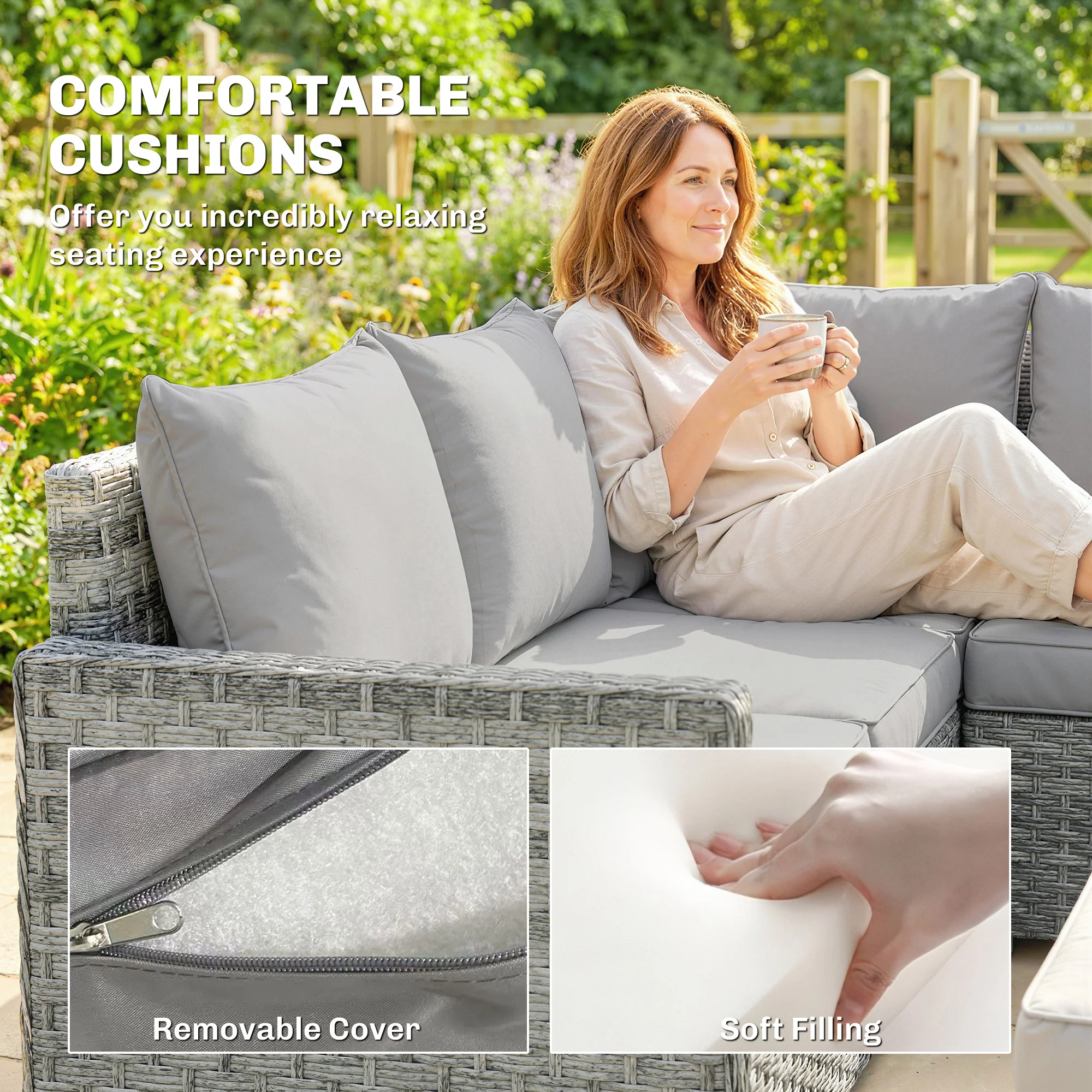 Outsunny 6 Piece Rattan Garden Furniture Set With Cushions, Grey - Image 6