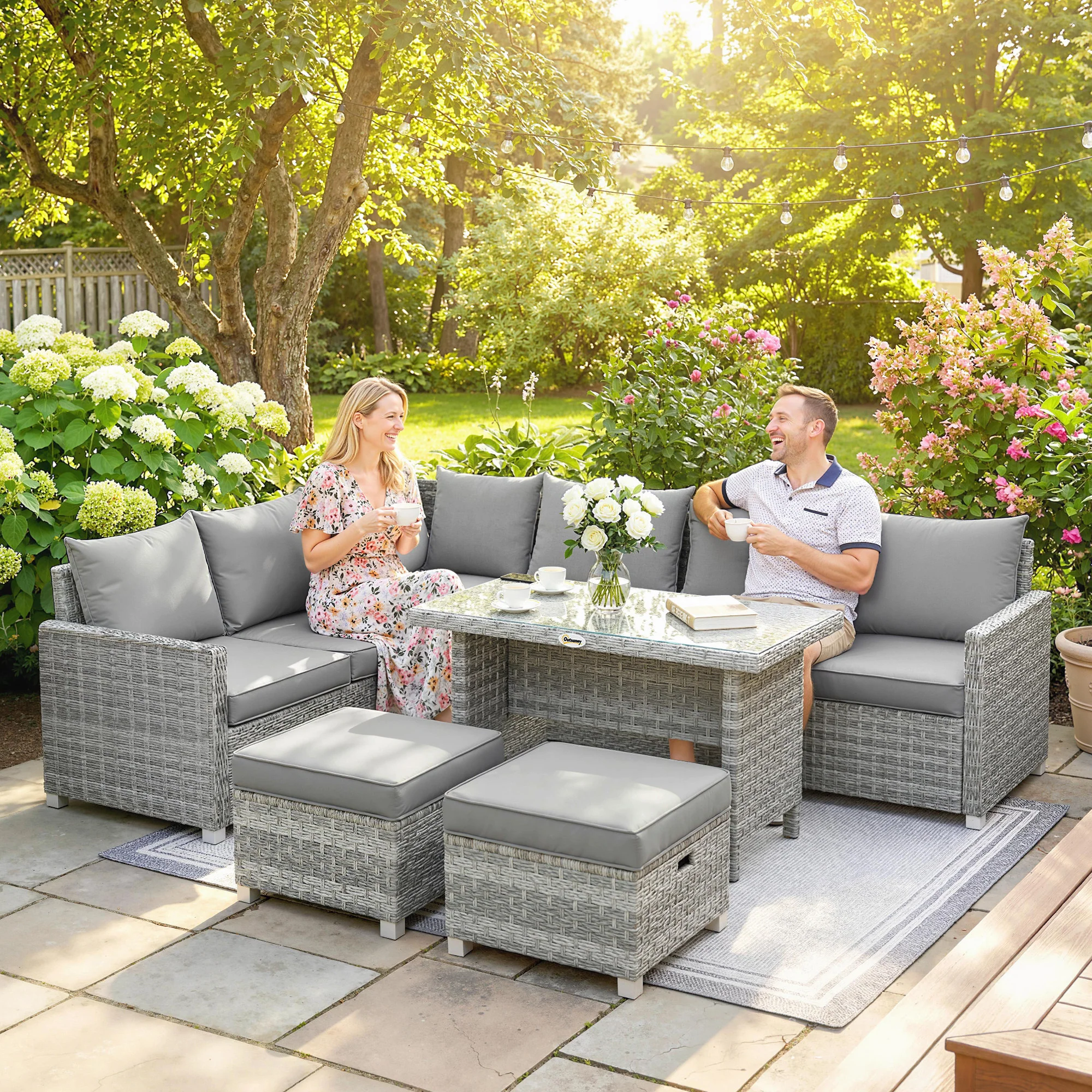 Outsunny 6 Piece Rattan Garden Furniture Set With Cushions, Grey - Image 8