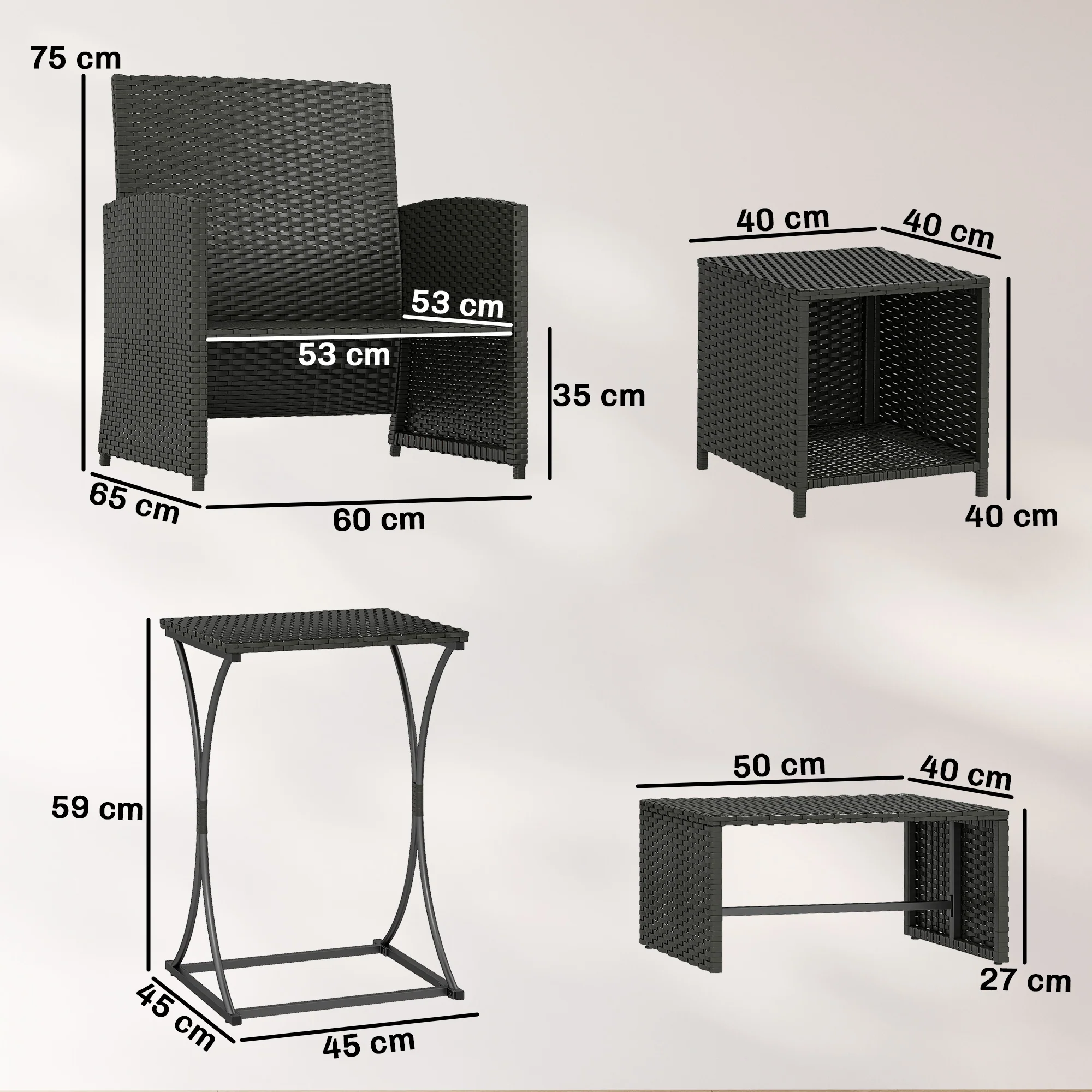 Outsunny 6 Piece Rattan Garden Furniture Set with Nesting Tables, Black - Image 3