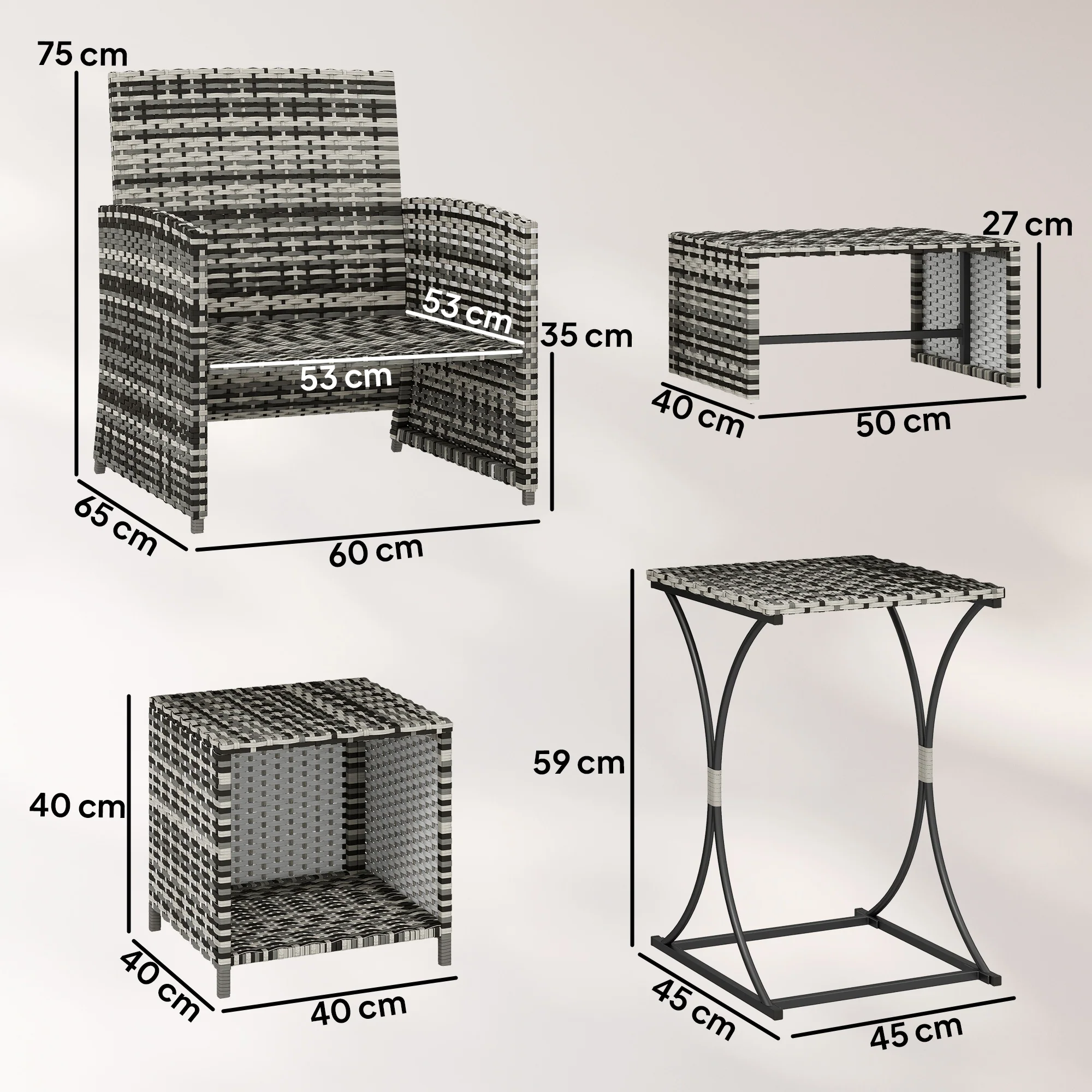Outsunny 6 Piece Rattan Garden Furniture Set with Nesting Tables, Grey - Image 3