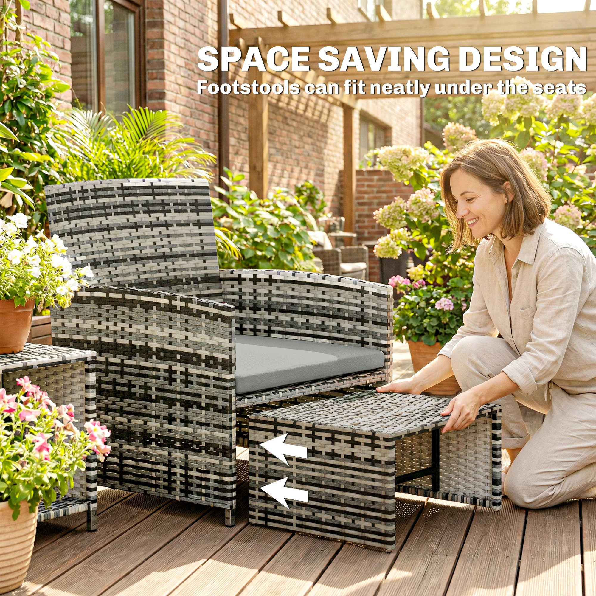 Outsunny 6 Piece Rattan Garden Furniture Set with Nesting Tables, Grey - Image 4