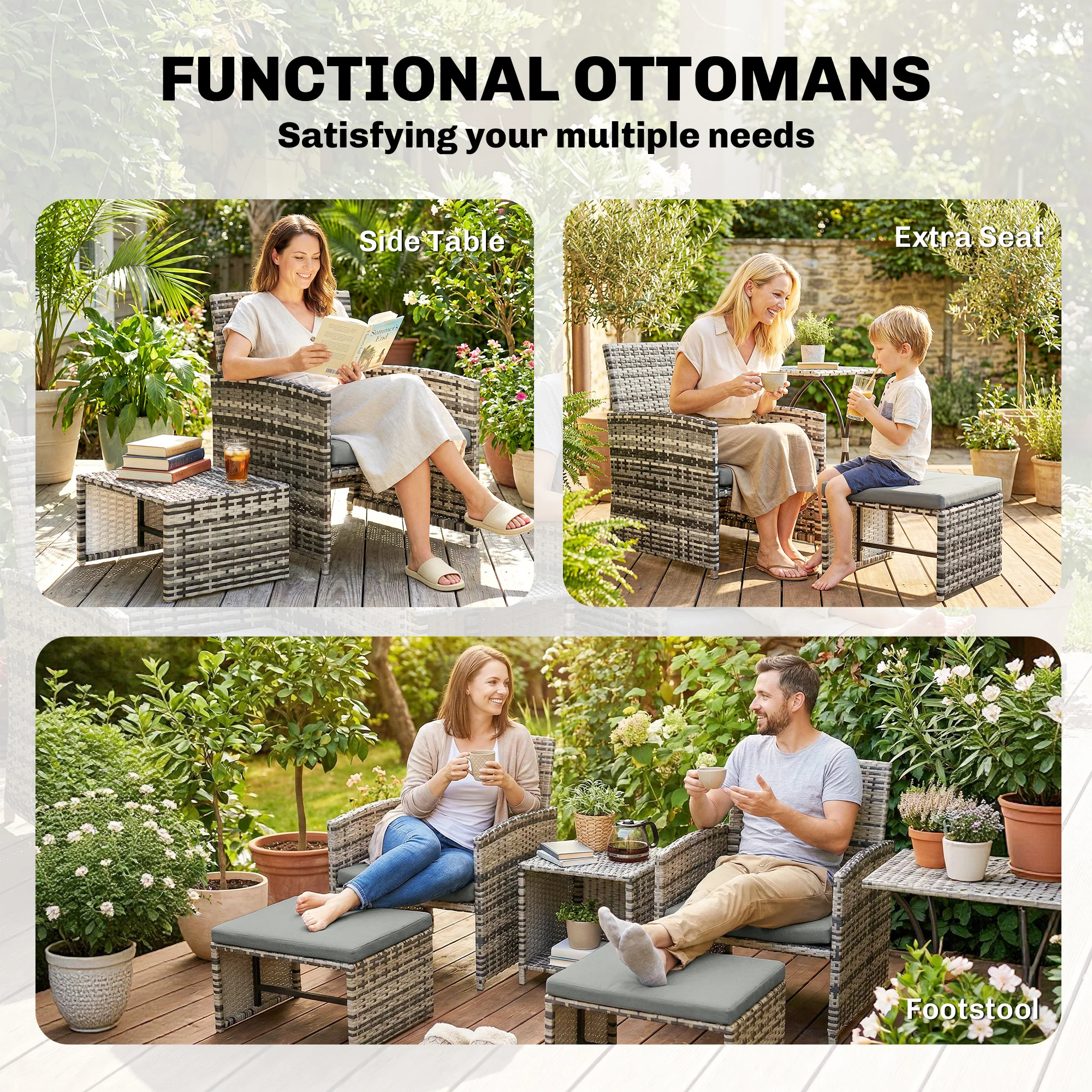 Outsunny 6 Piece Rattan Garden Furniture Set with Nesting Tables, Grey - Image 7