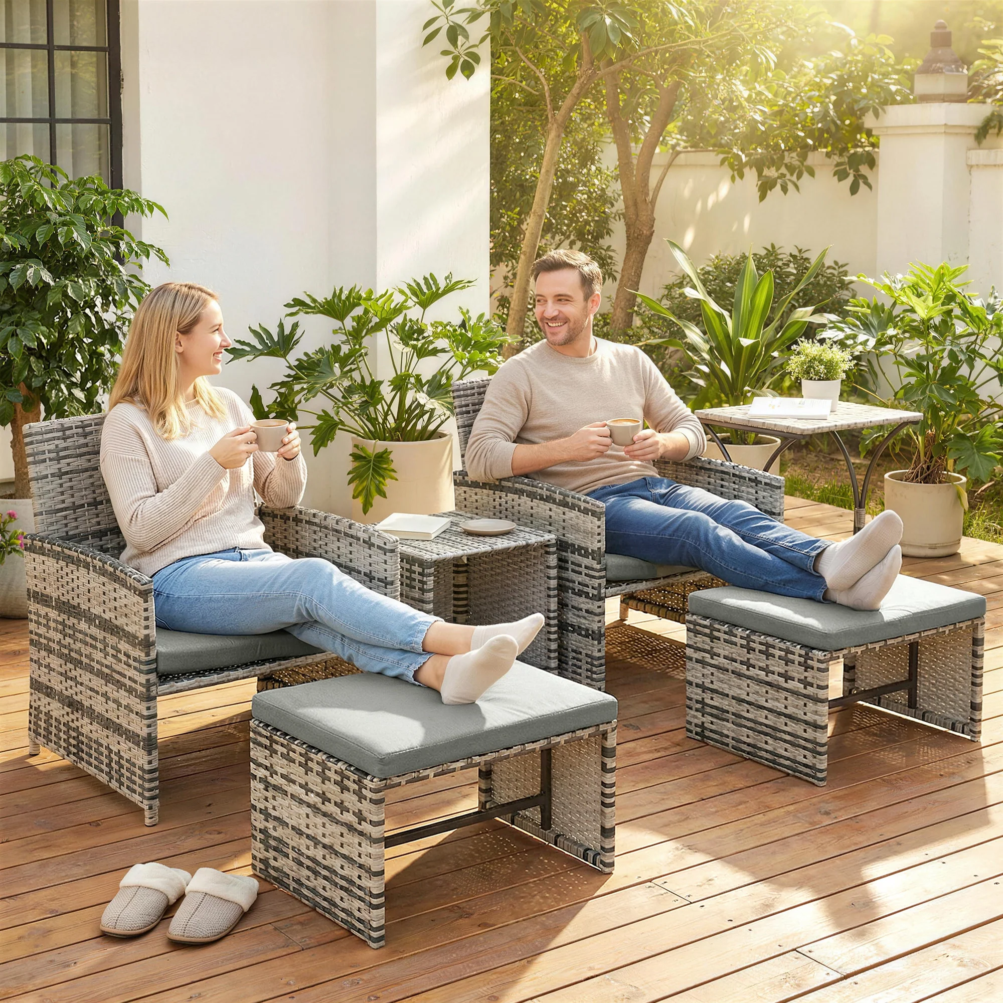 Outsunny 6 Piece Rattan Garden Furniture Set with Nesting Tables, Grey - Image 9