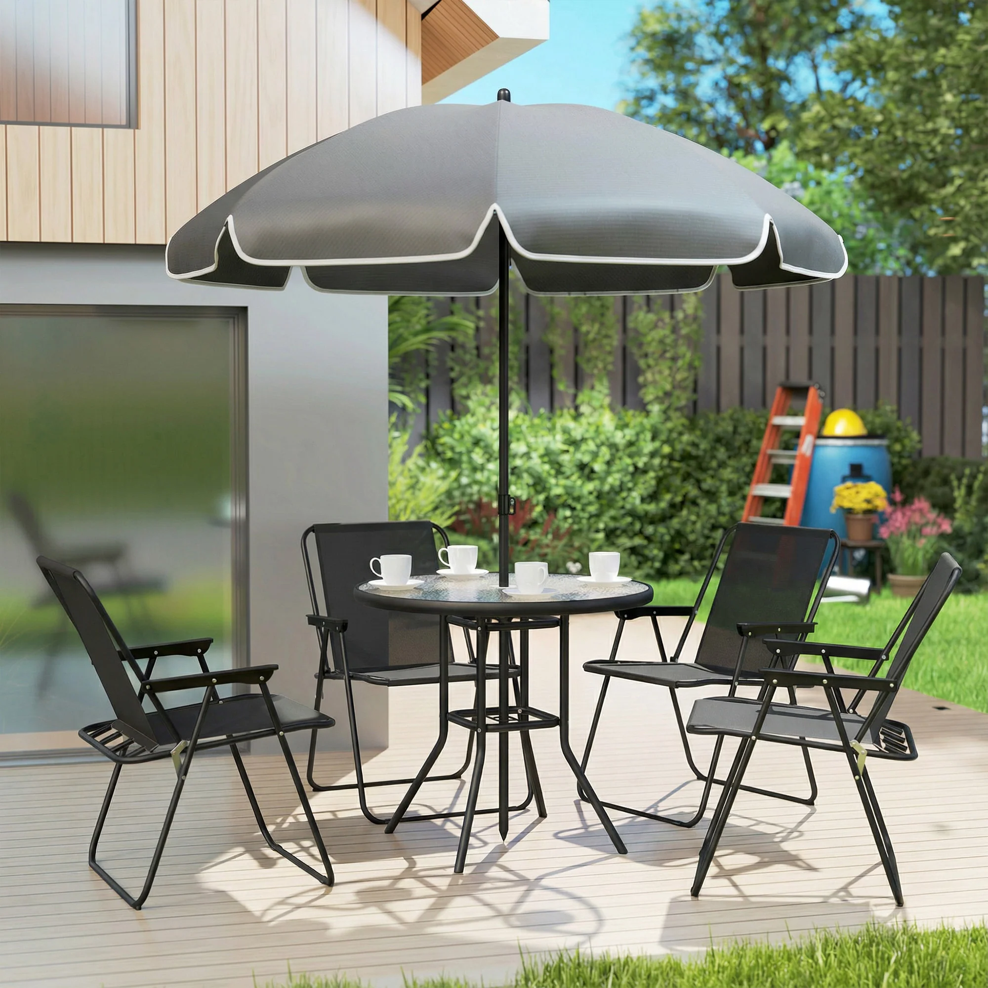 Outsunny 6 Pieces Garden Furniture Set With Parasol, Folding Chairs, Black - Image 8