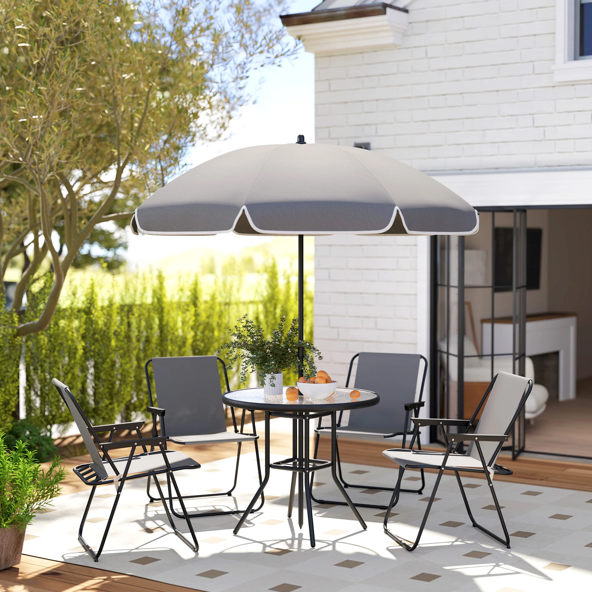 Outsunny 6 Pieces Garden Furniture Set With Parasol, Folding Chairs, Grey - Image 11
