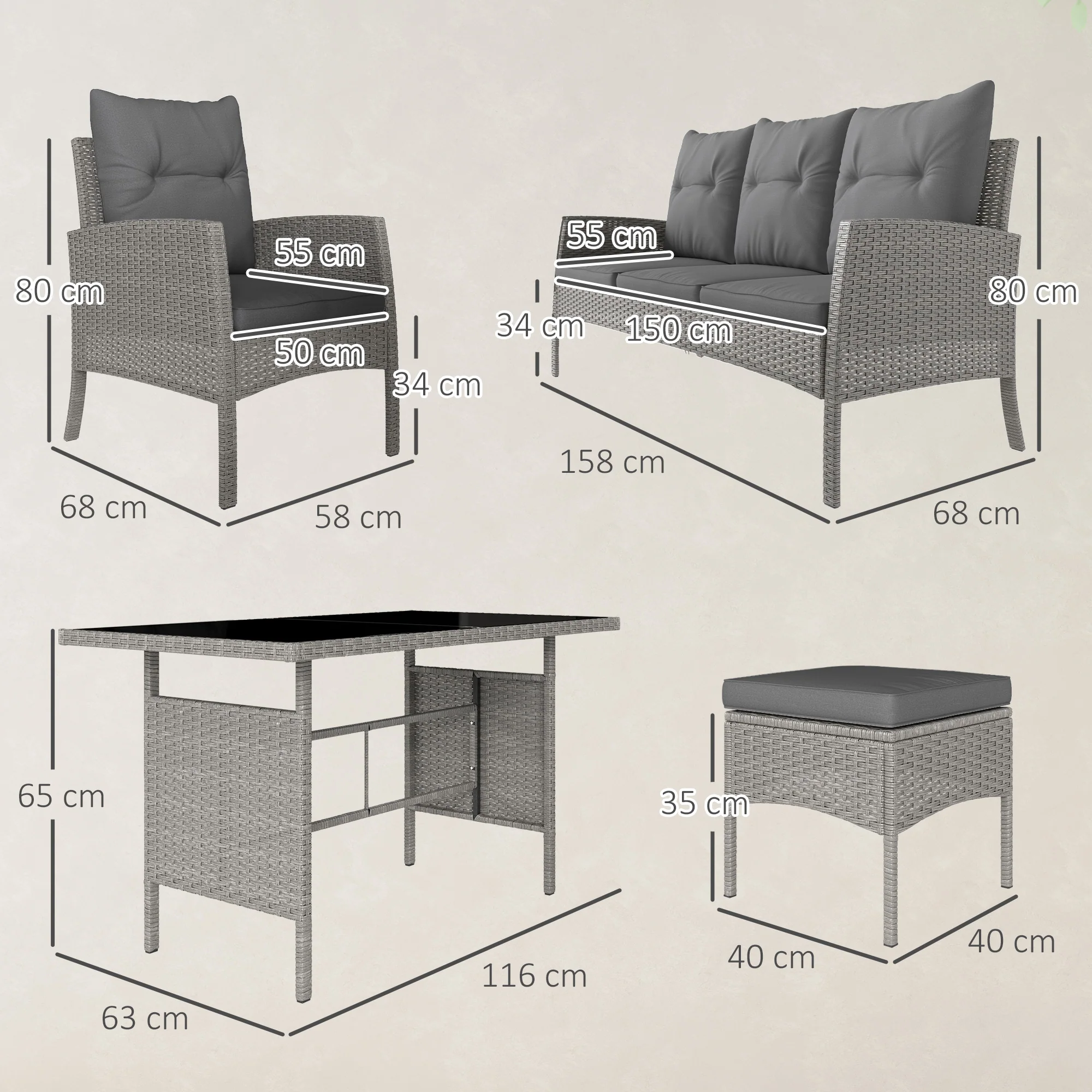 Outsunny 6 Pieces Rattan Garden Furniture Sofa Set, Grey - Image 14