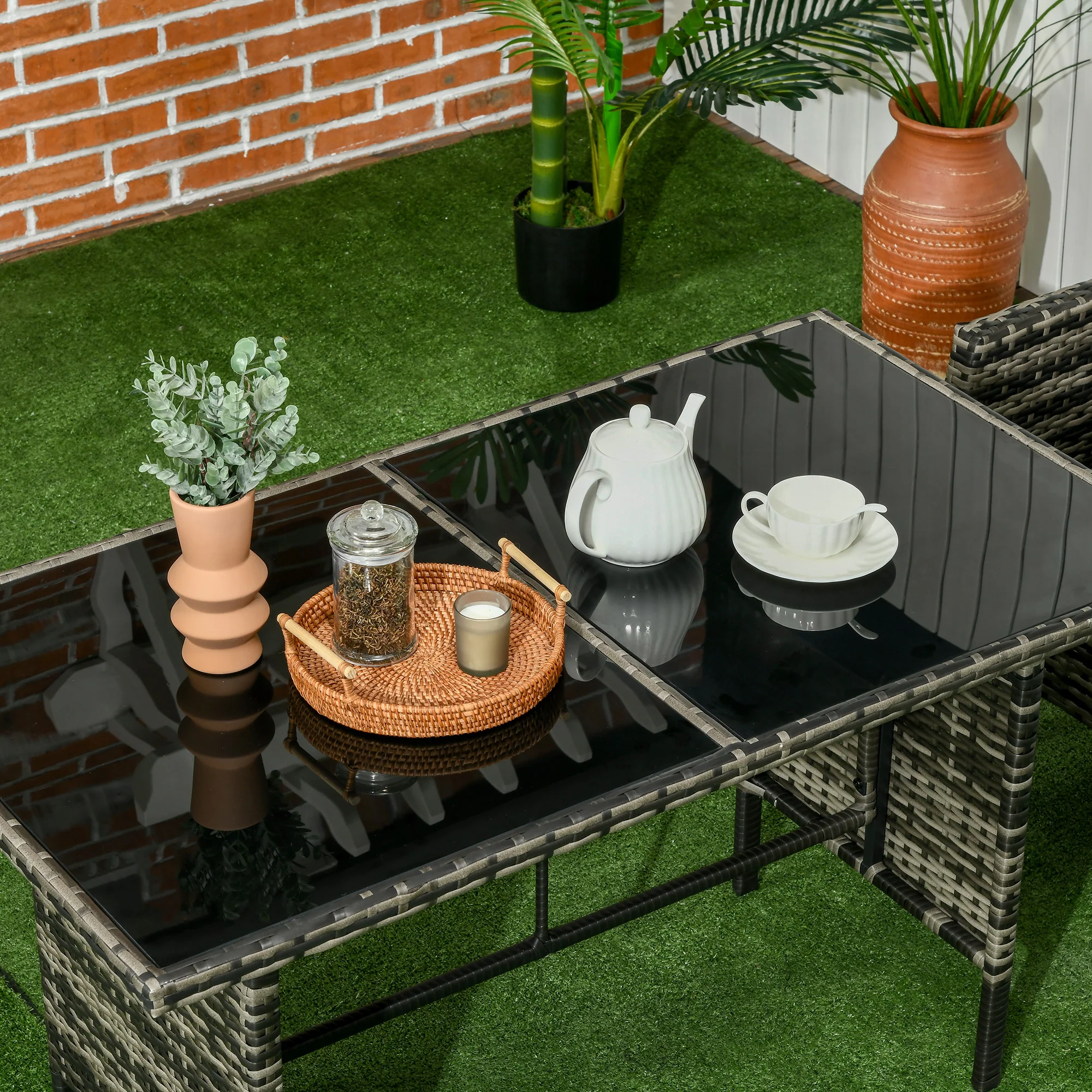 Outsunny 6 Pieces Rattan Garden Furniture Sofa Set, Grey - Image 7