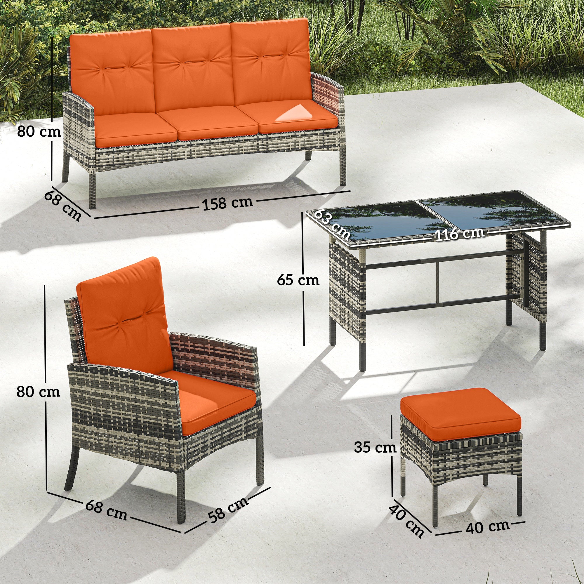 Outsunny 6 Pieces Rattan Garden Furniture Sofa Set with Cushions, Orange - Image 3