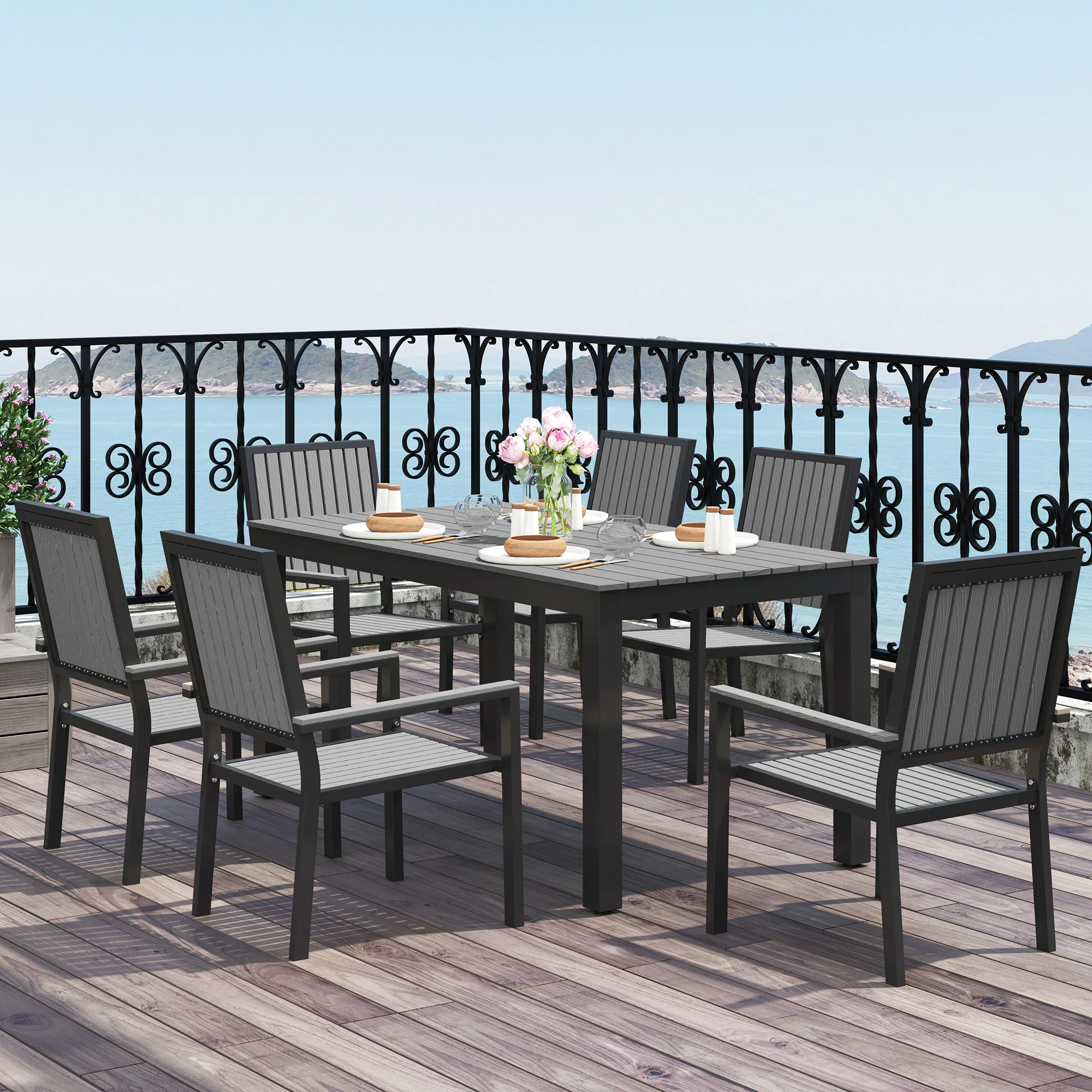 Outsunny 6 Seater Aluminium Garden Dining Set with Stackable Chairs, Grey - Image 2