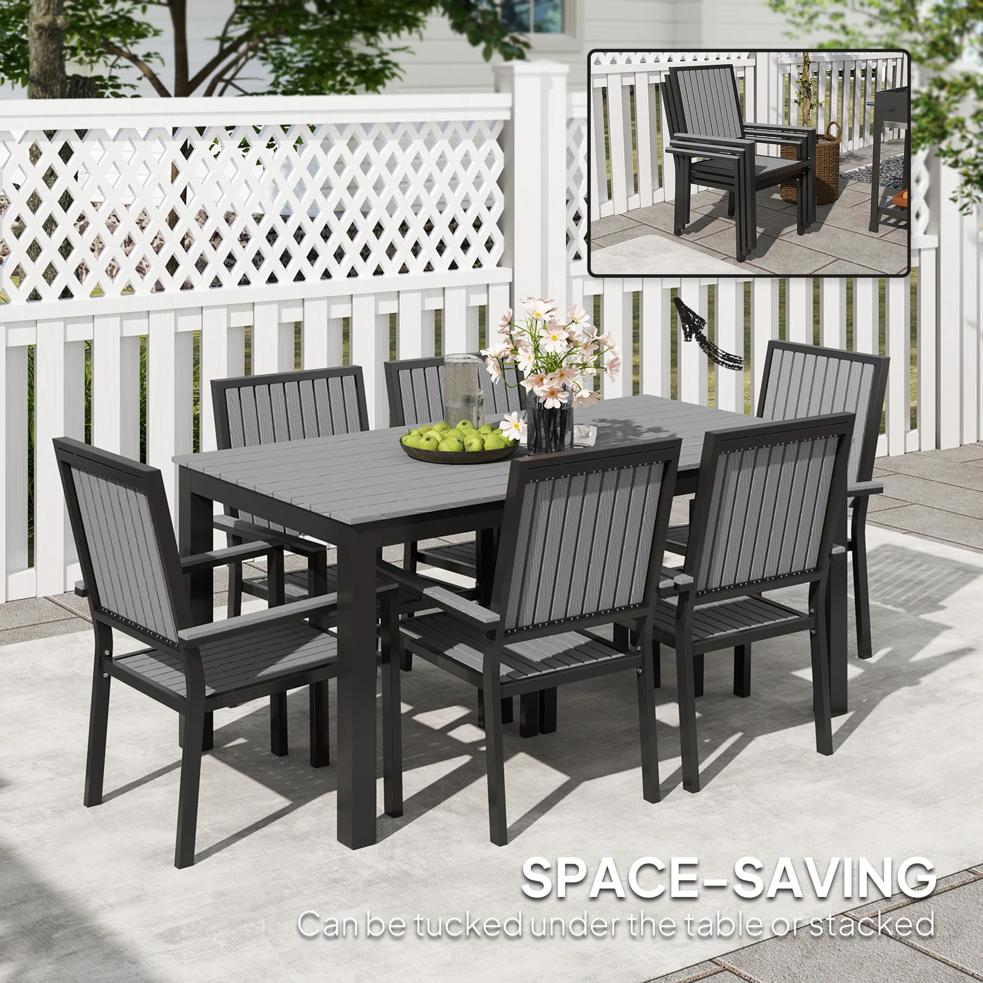 Outsunny 6 Seater Aluminium Garden Dining Set with Stackable Chairs, Grey - Image 4