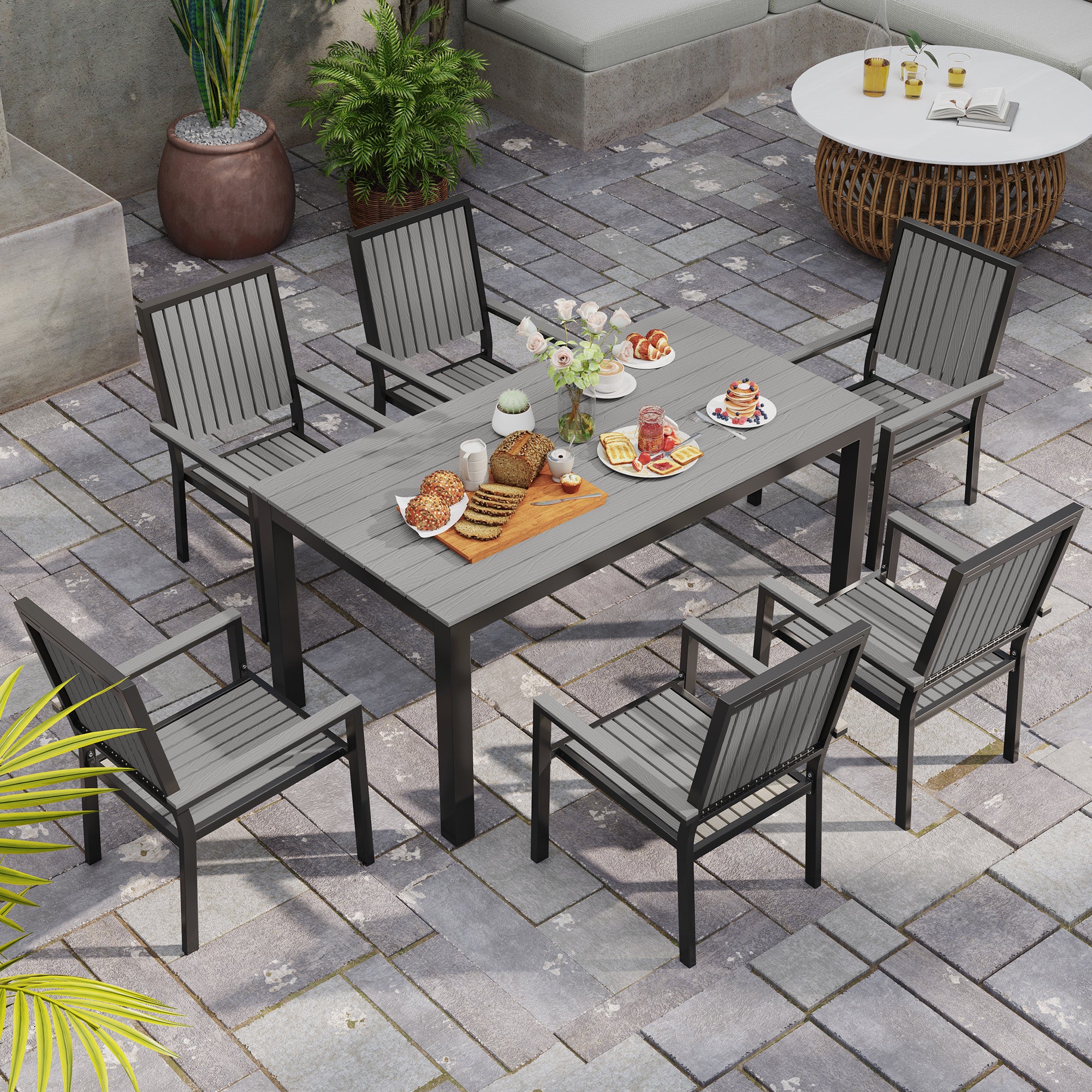 Outsunny 6 Seater Aluminium Garden Dining Set with Stackable Chairs, Grey - Image 7