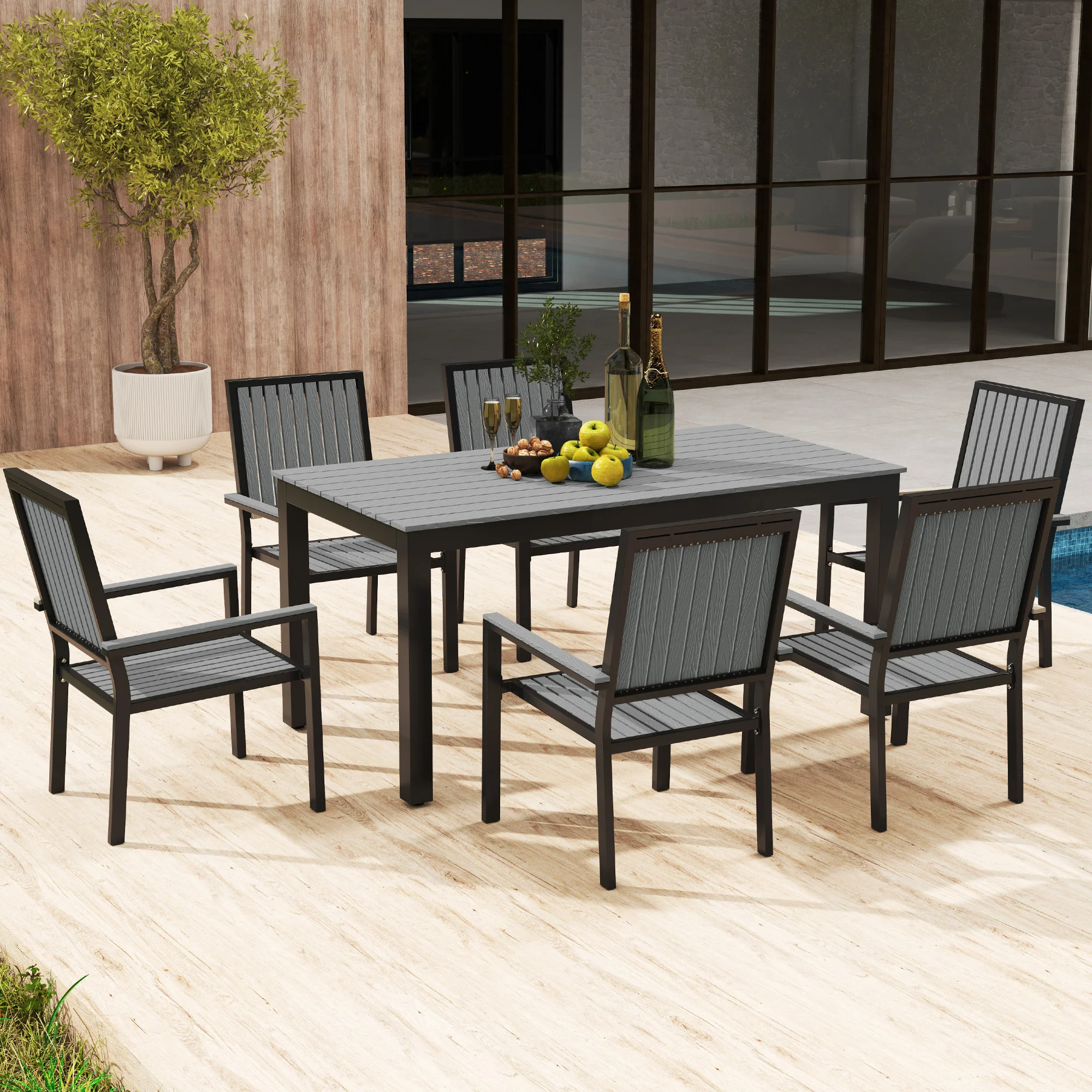 Outsunny 6 Seater Aluminium Garden Dining Set with Stackable Chairs, Grey - Image 8
