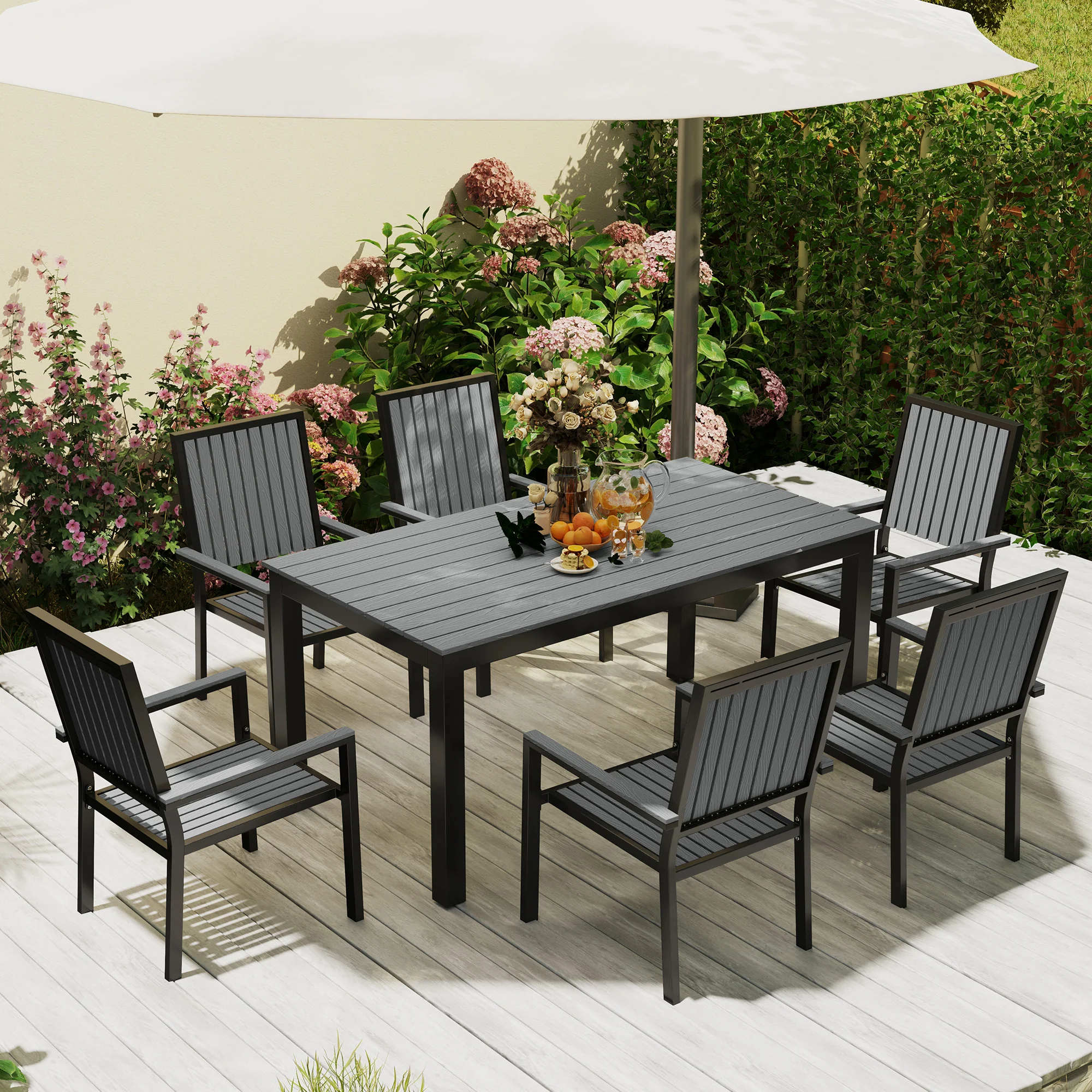 Outsunny 6 Seater Aluminium Garden Dining Set with Stackable Chairs, Grey - Image 9