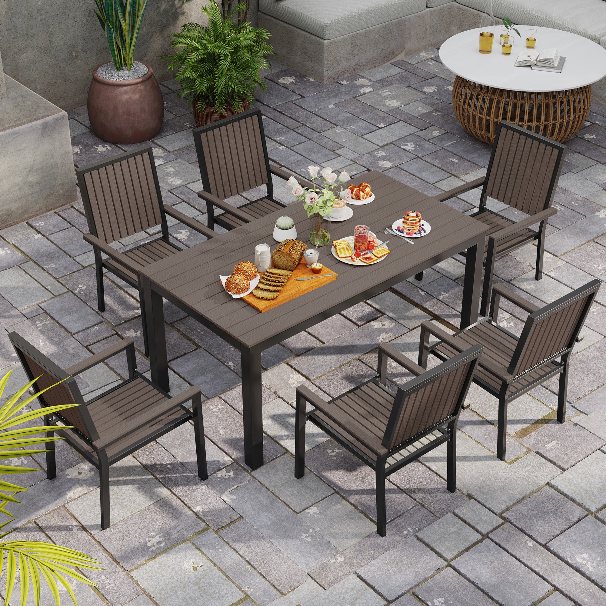Outsunny 6 Seater Aluminium Garden Dining Set with Stackable Chairs, Natural - Image 7