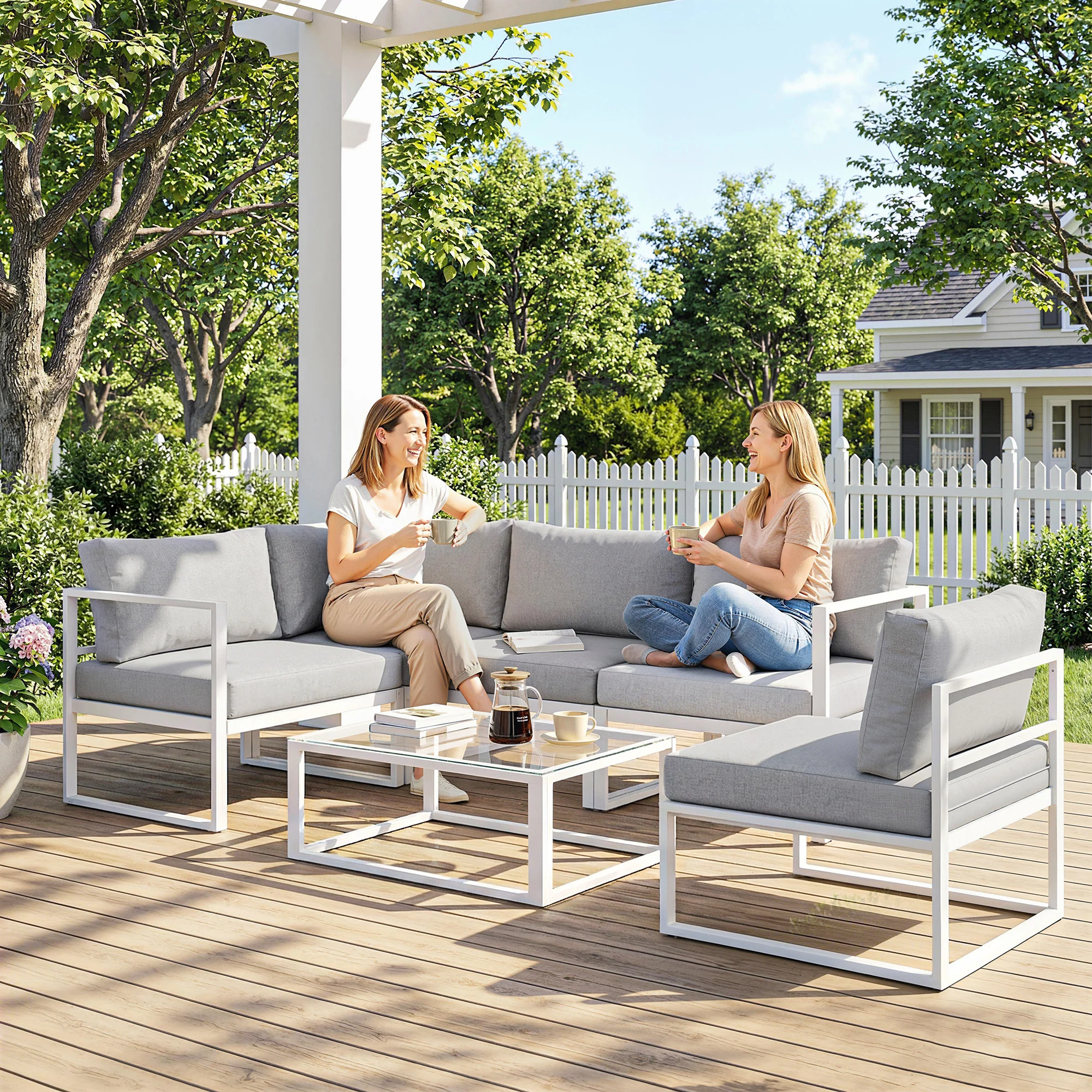Outsunny 6 Seater Aluminium Garden Furniture Set with Table, Cushions, Grey - Image 9