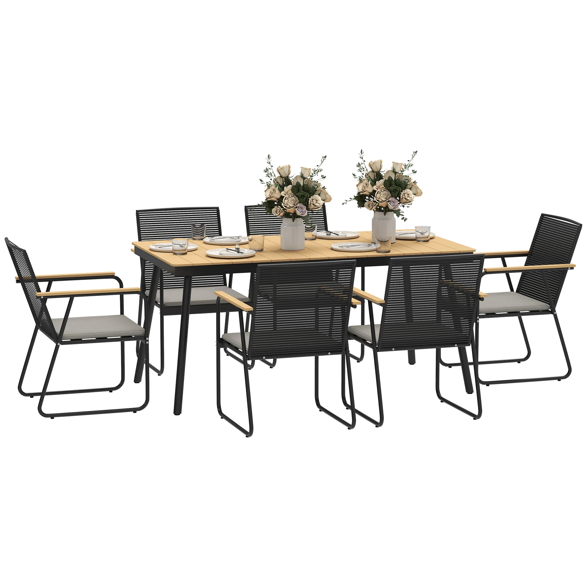Outsunny 6 Seater Garden Dining Set with Cushions Rattan Backrest - Image 10