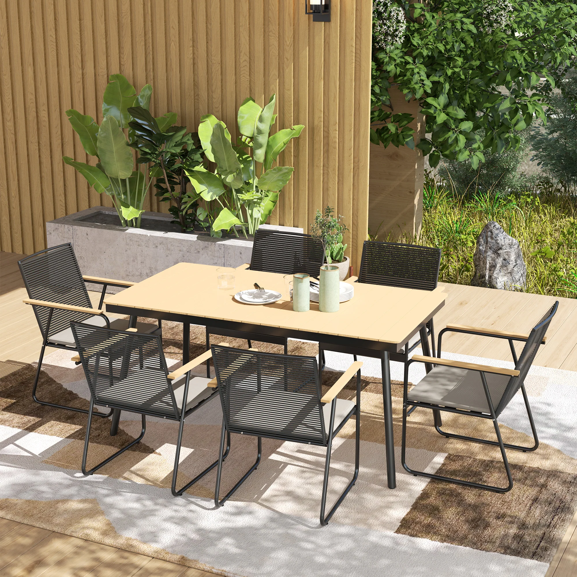 Outsunny 6 Seater Garden Dining Set with Cushions Rattan Backrest - Image 11