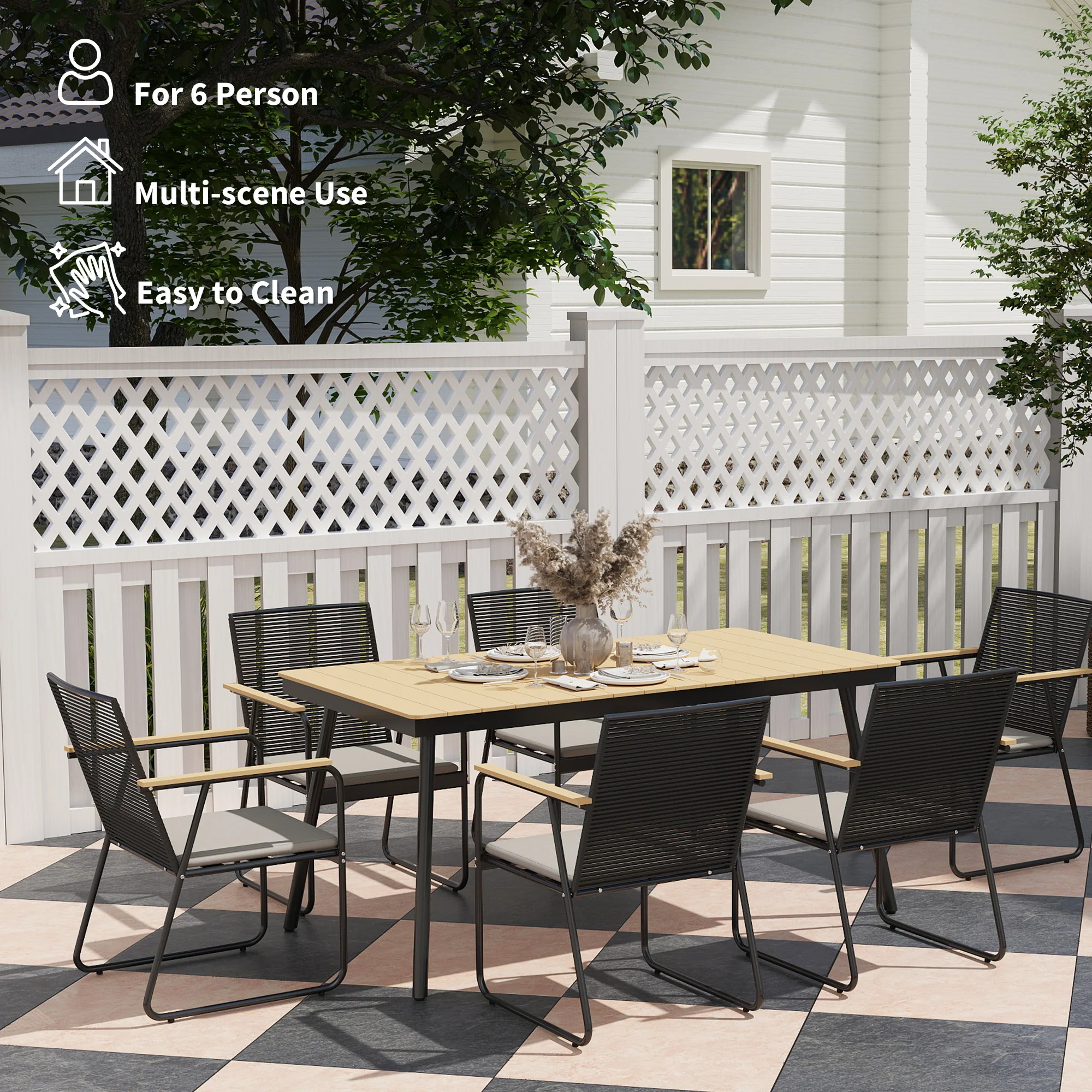 Outsunny 6 Seater Garden Dining Set with Cushions Rattan Backrest - Image 15