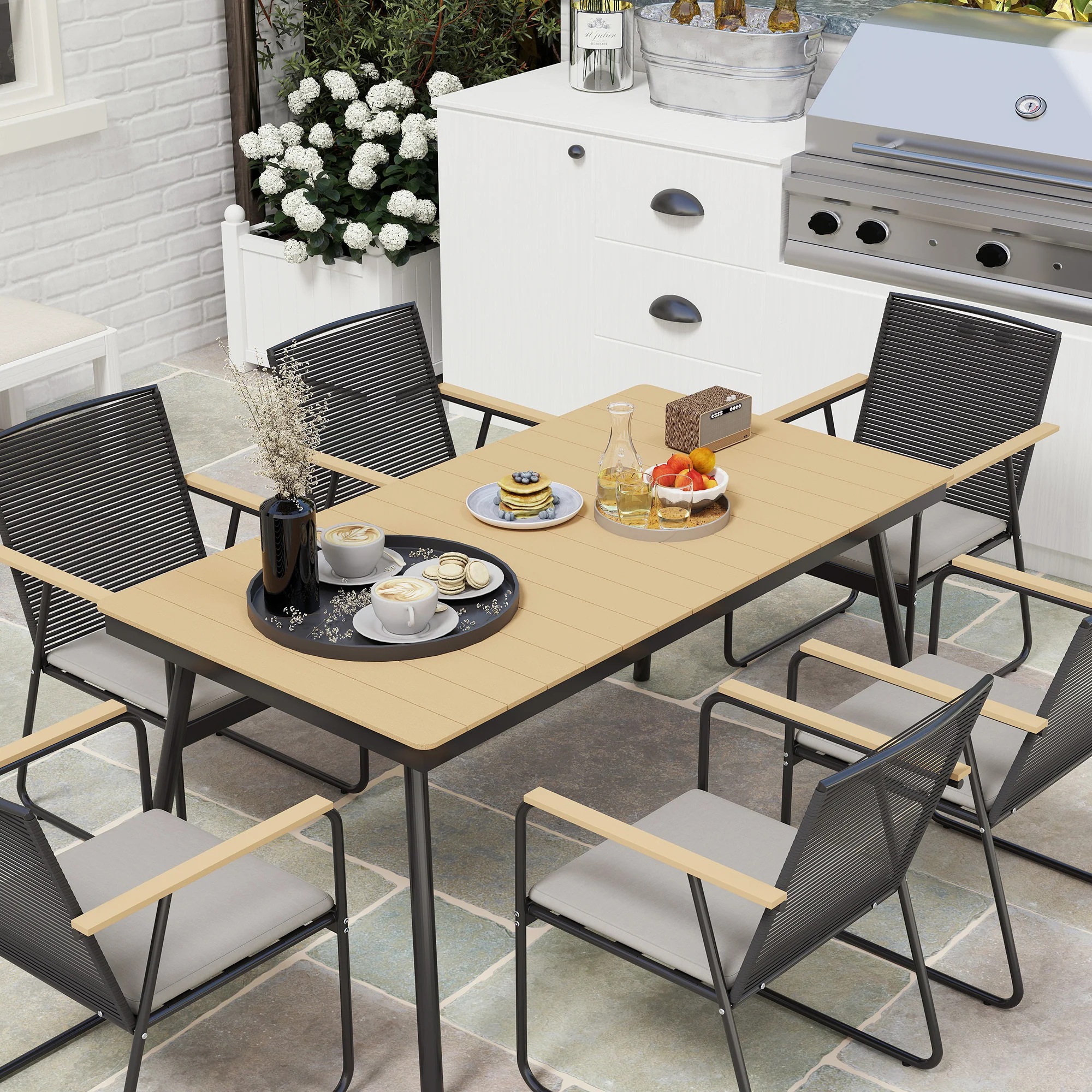 Outsunny 6 Seater Garden Dining Set with Cushions Rattan Backrest - Image 16