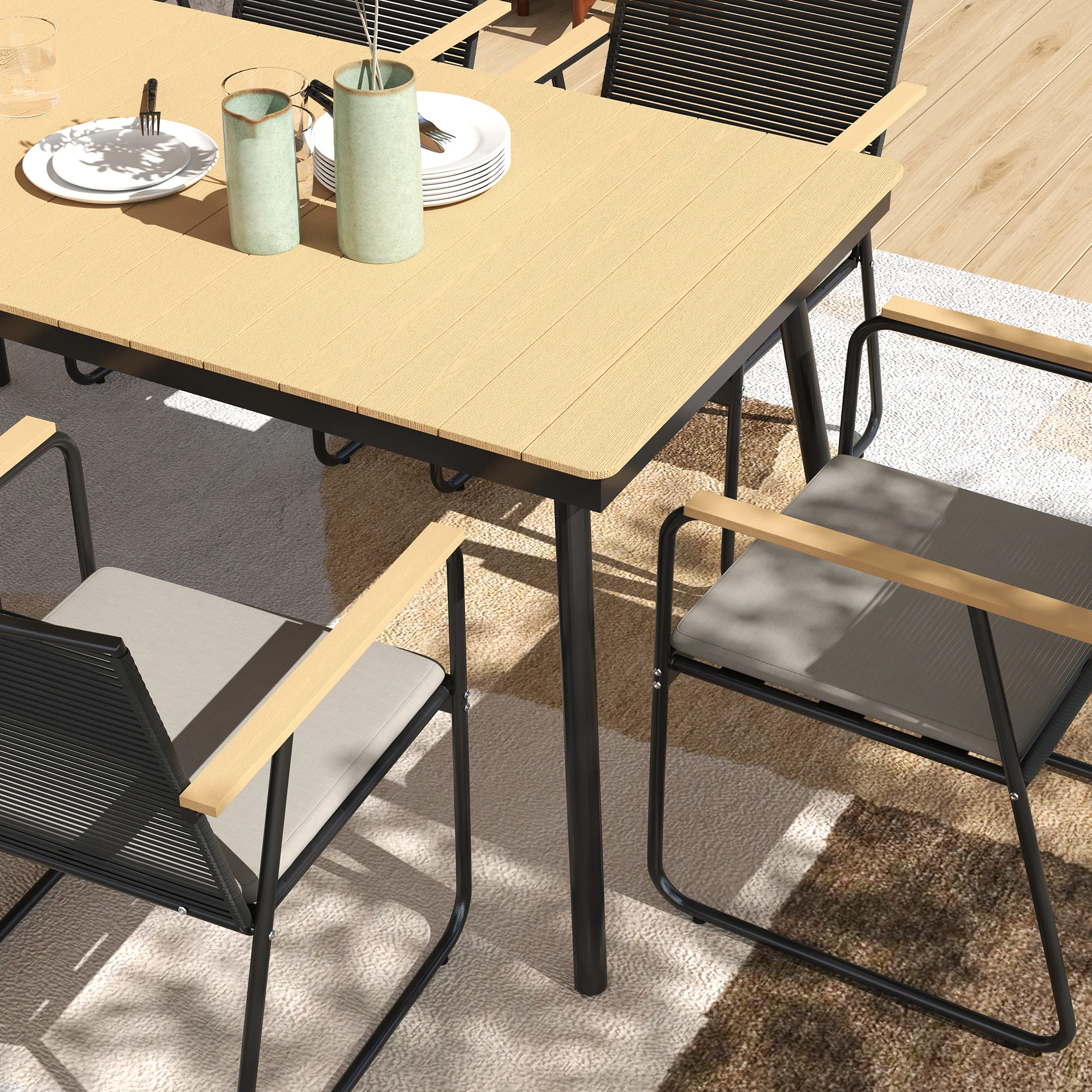 Outsunny 6 Seater Garden Dining Set with Cushions Rattan Backrest - Image 17